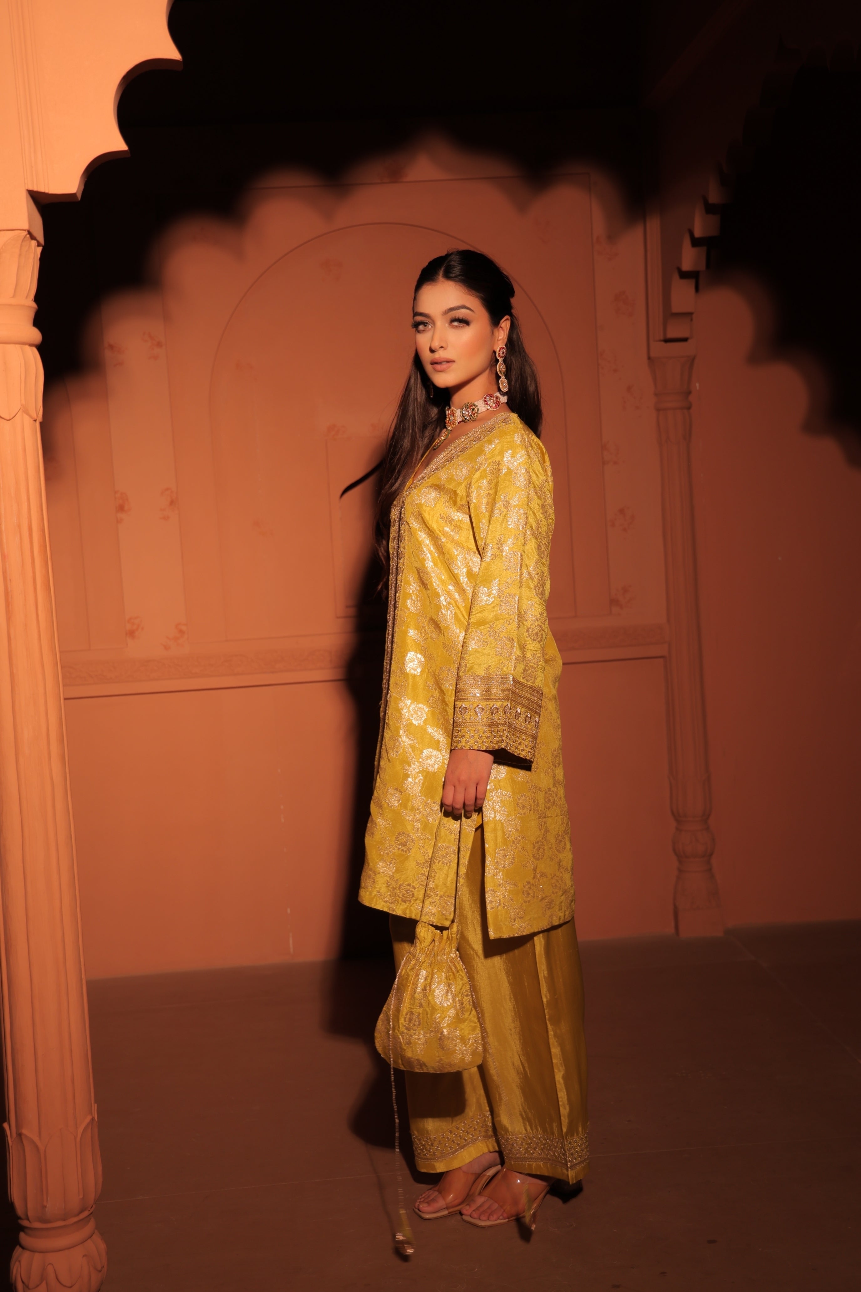 Mustard Yellow Brocade Co-ord Set