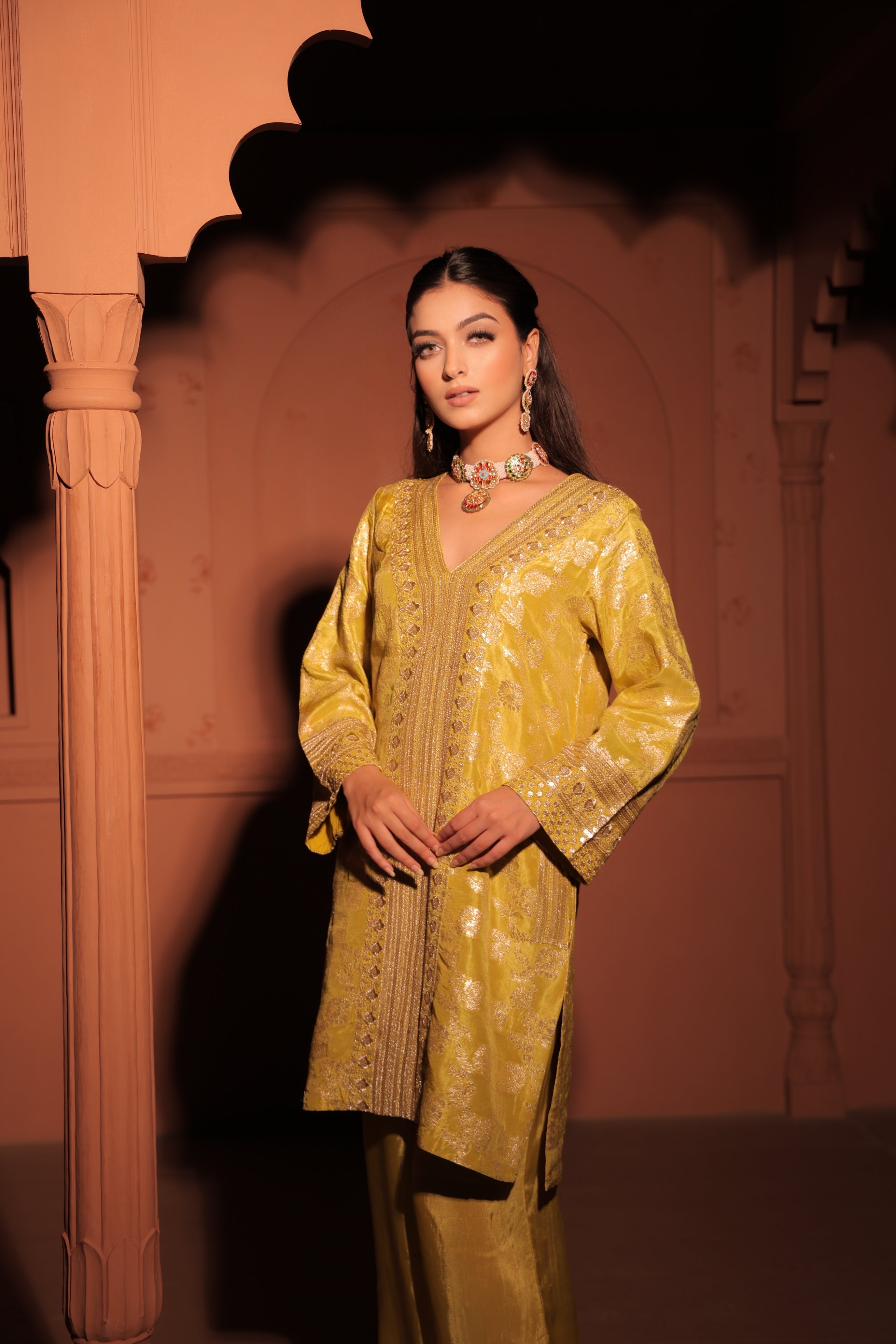 Mustard Yellow Brocade Co-ord Set