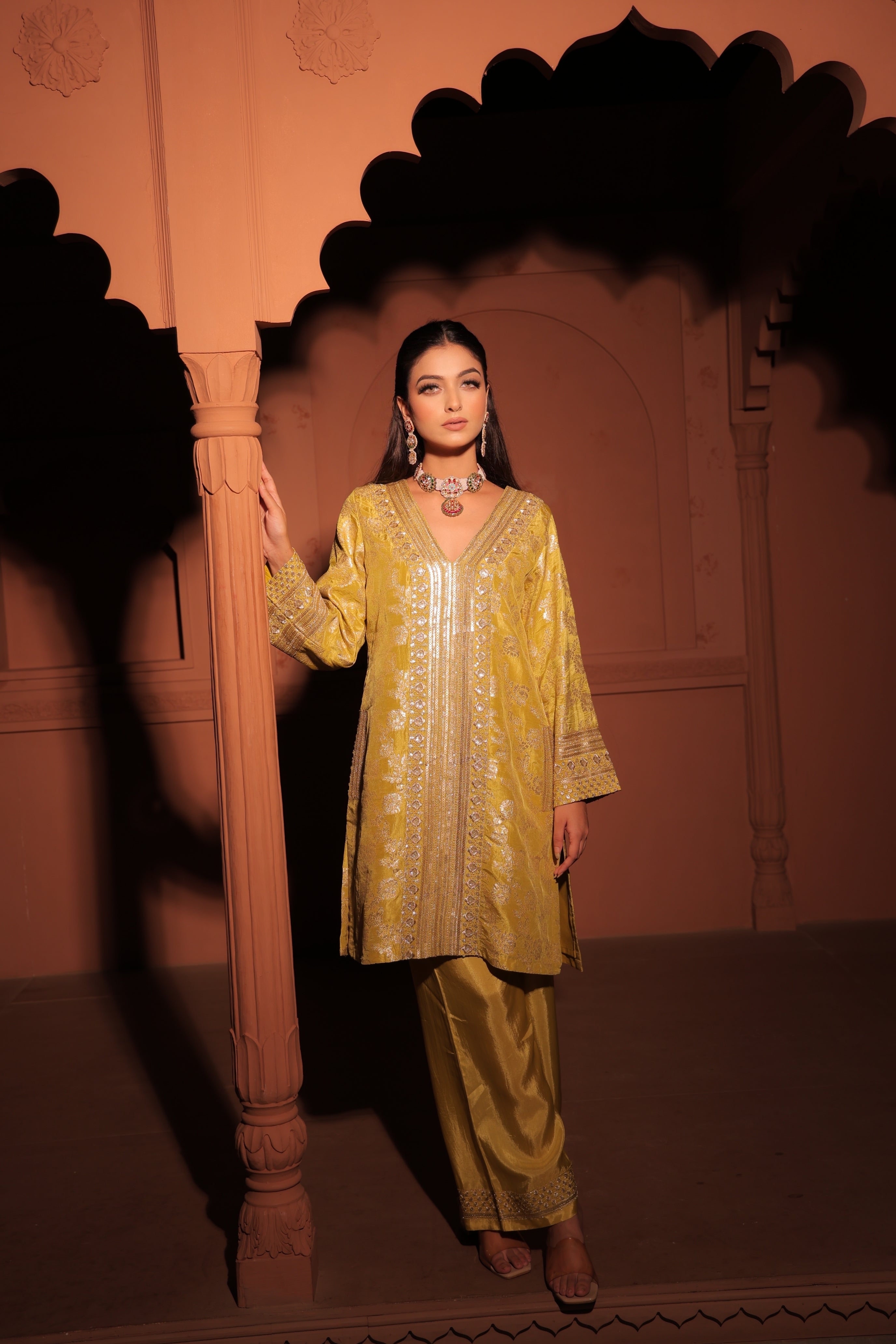 Mustard Yellow Brocade Co-ord Set