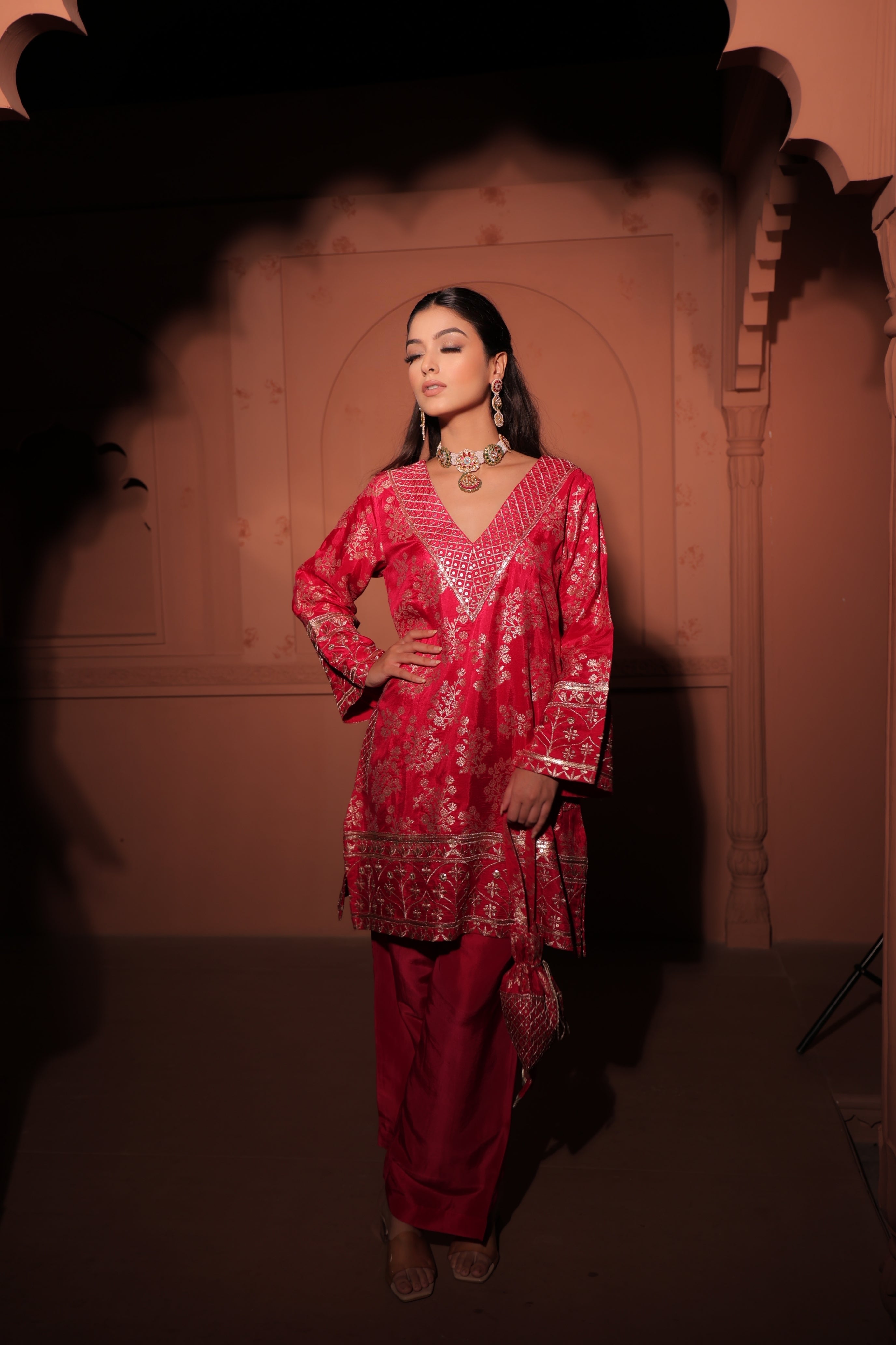 Crimson Red Brocade Co-ord Set