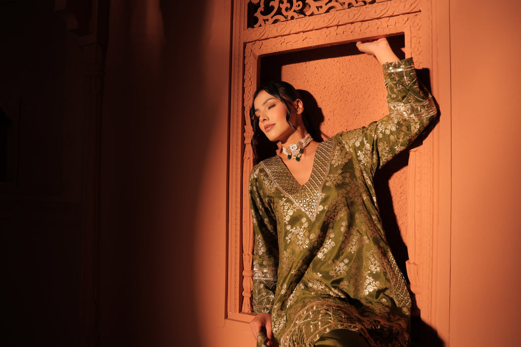 Mehendi Green Brocade Co-ord Set