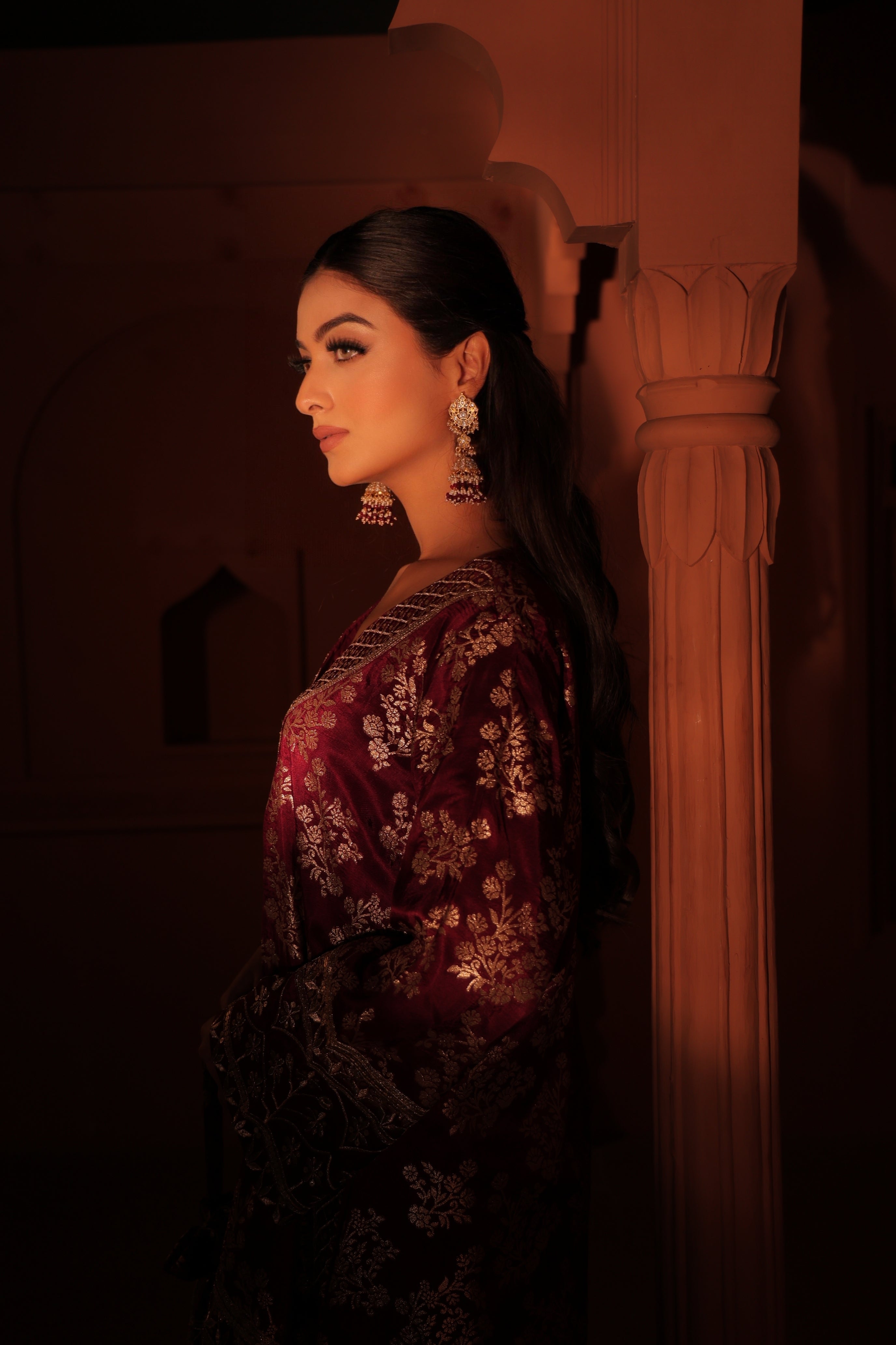 Wine Brocade Co-ord Set