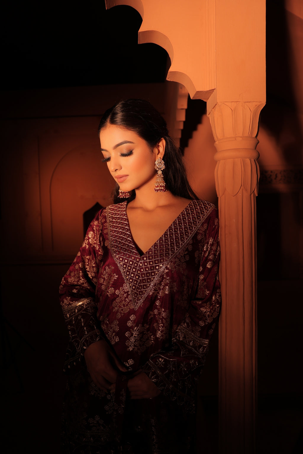 Wine Brocade Co-ord Set