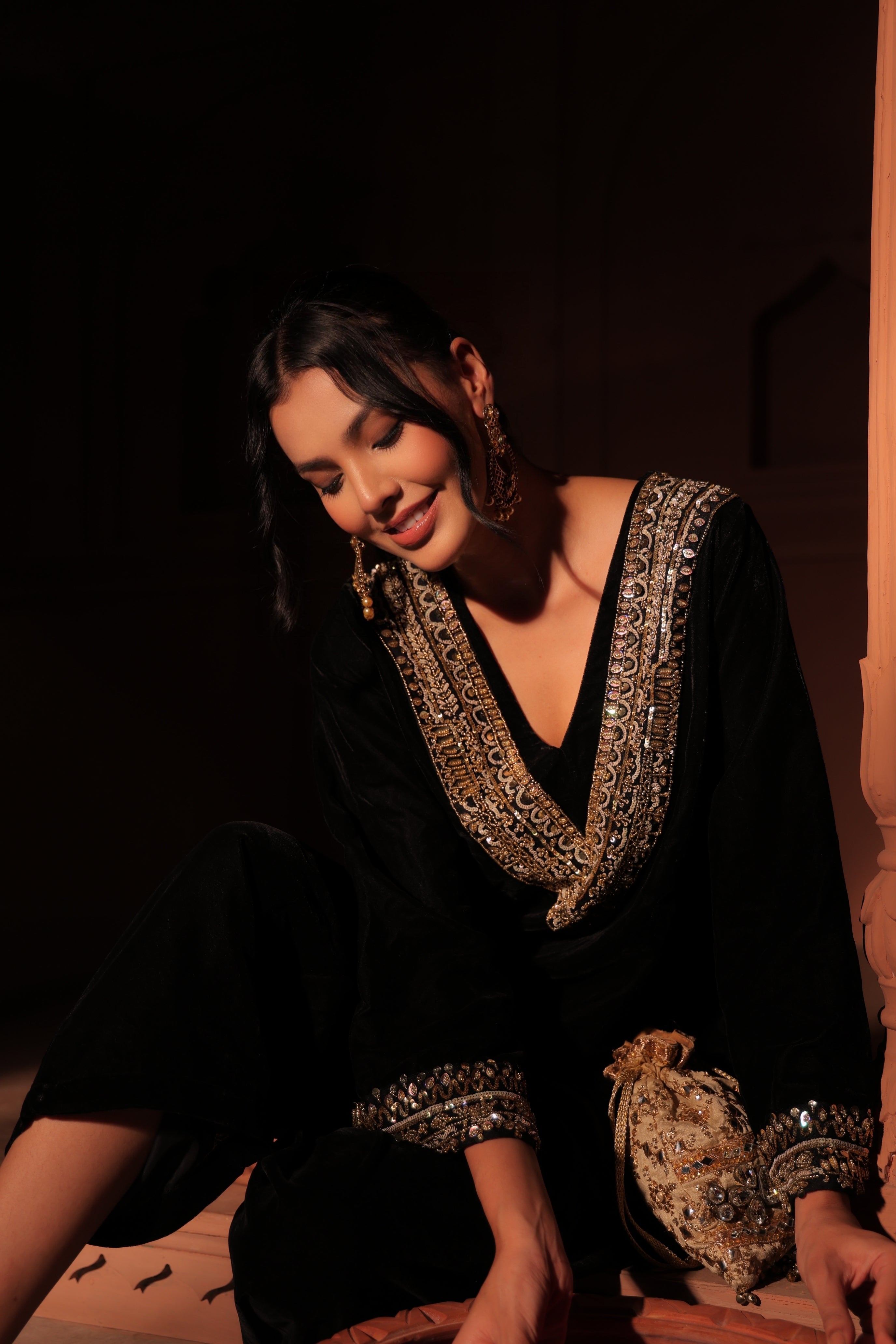 Black Embellished Velvet Kurta Set