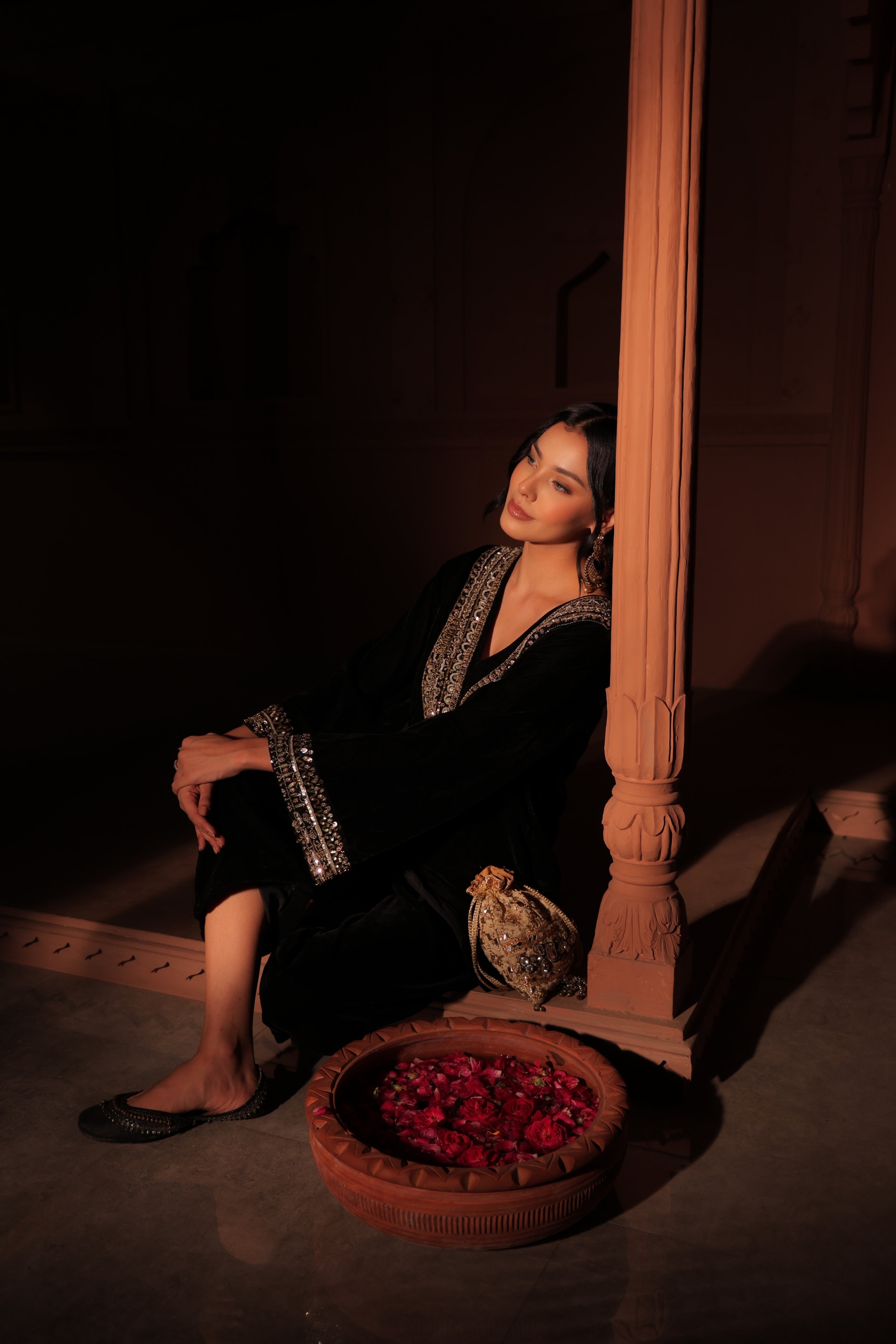 Black Embellished Velvet Kurta Set