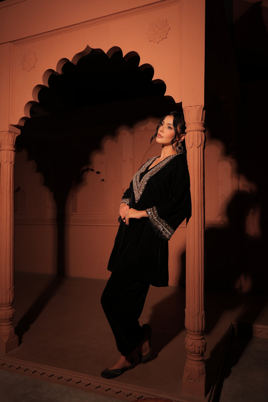 Black Embellished Velvet Kurta Set