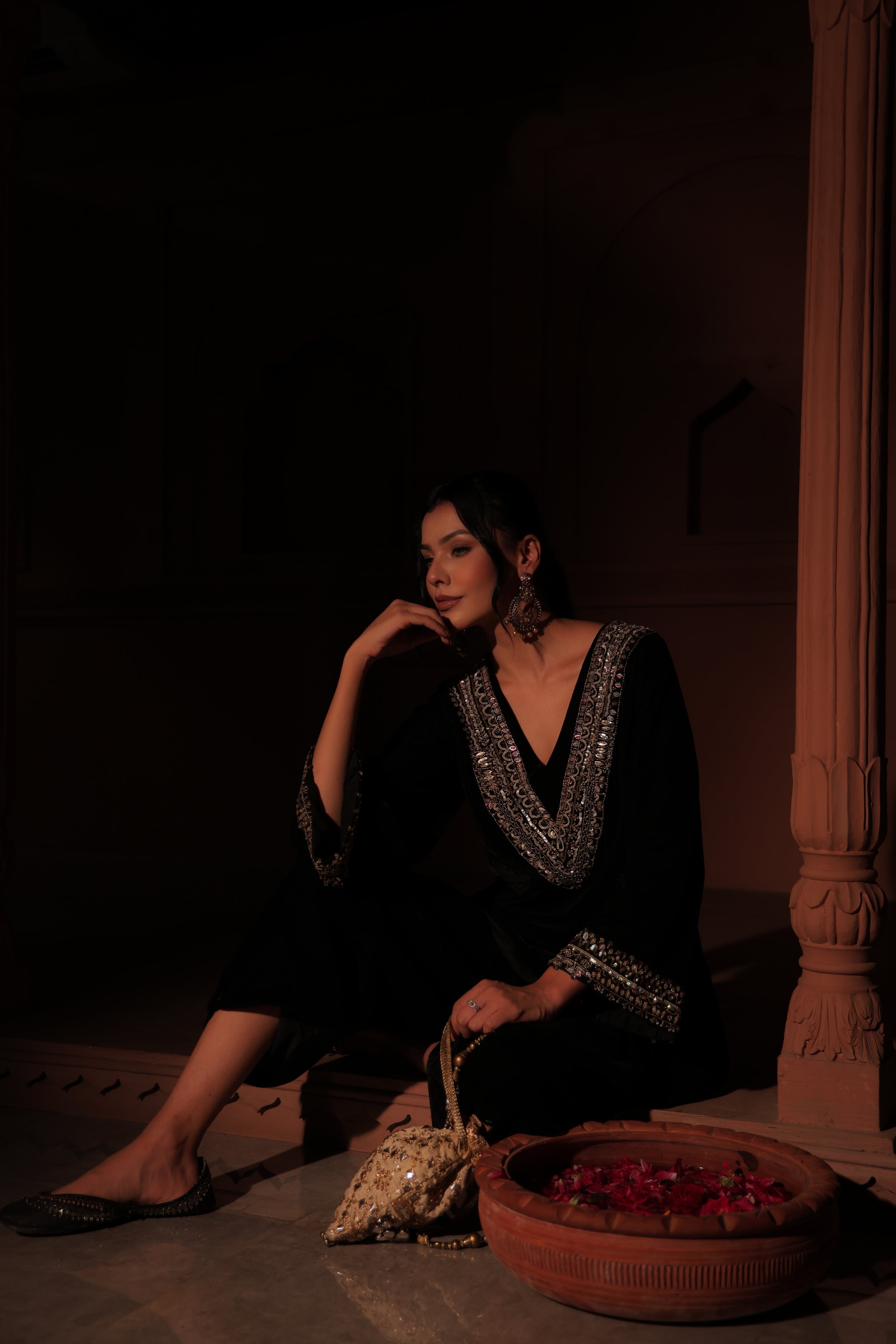 Black Embellished Velvet Kurta Set