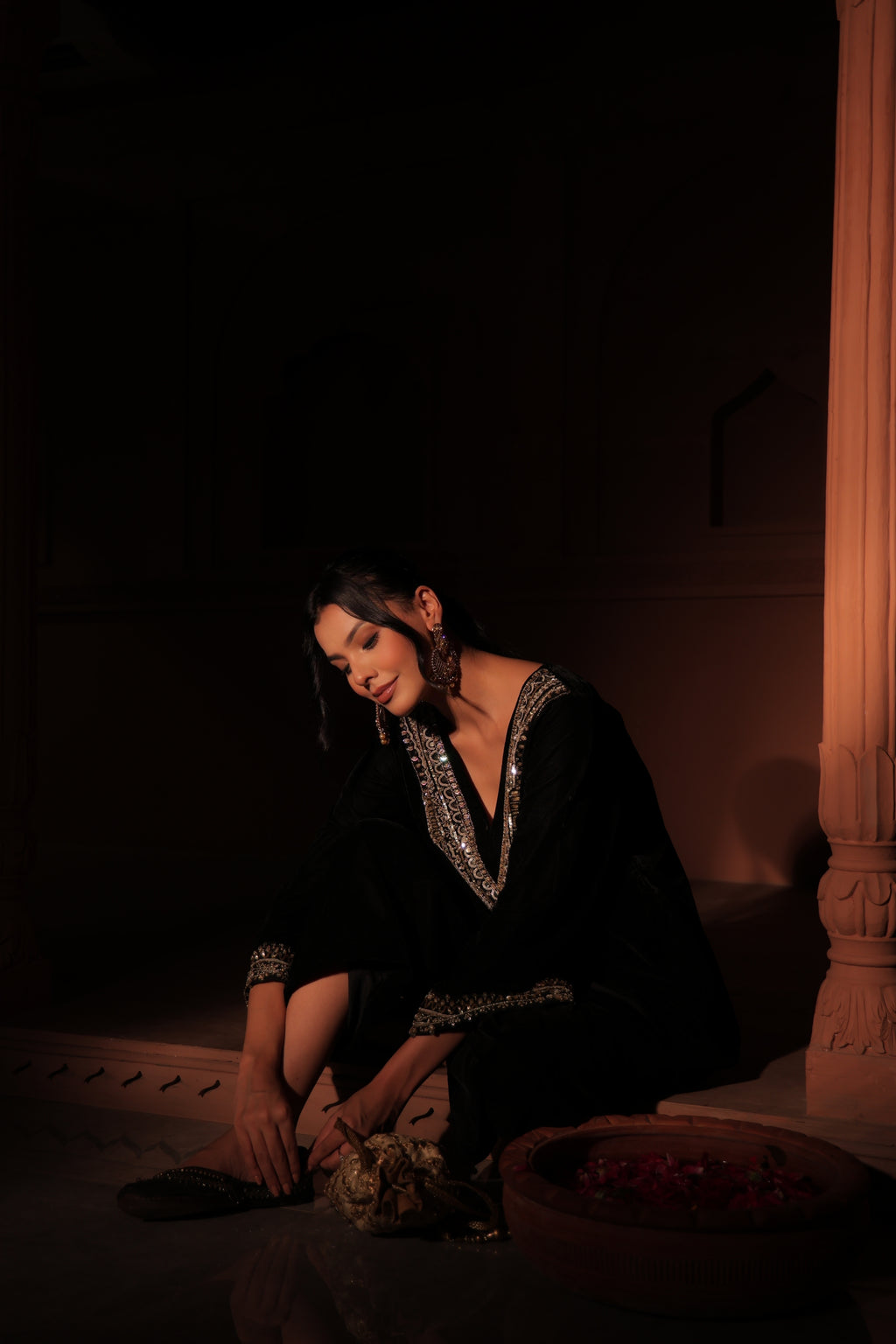Black Embellished Velvet Kurta Set