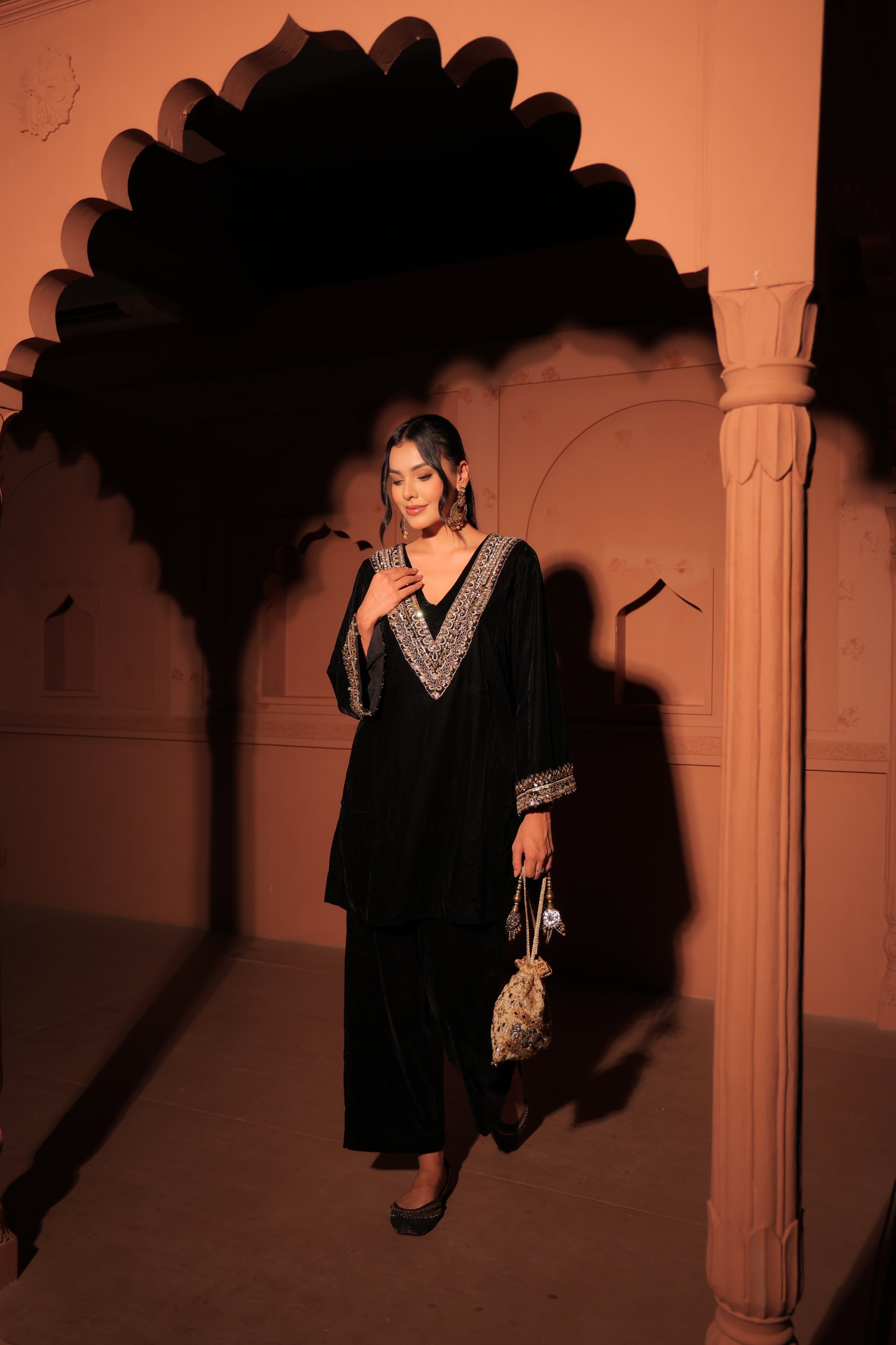 Black Embellished Velvet Kurta Set