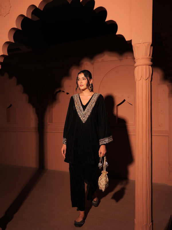 Black Embellished Velvet Kurta Set
