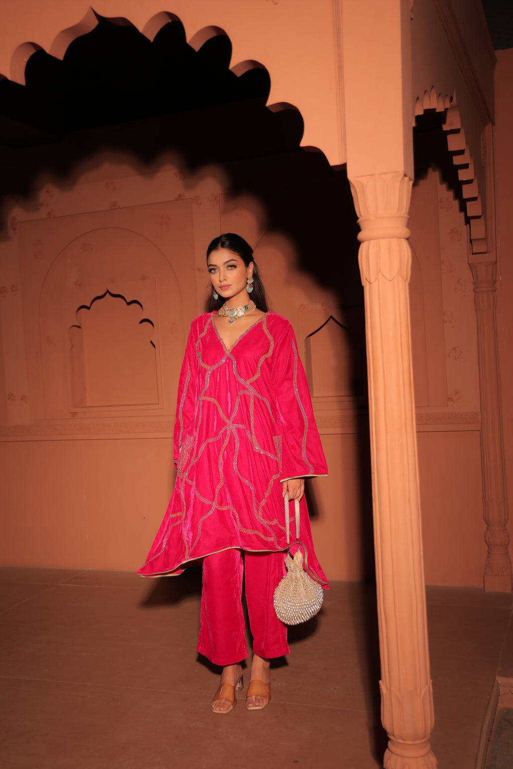 Pink Embroidered Velvet Kurta Set