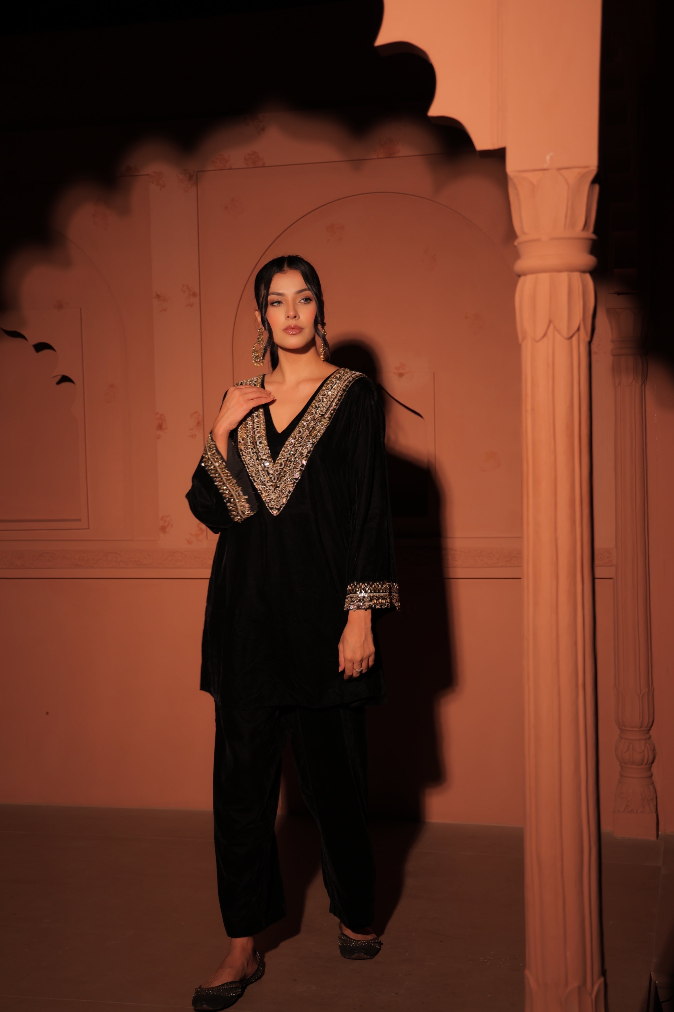 Black Embellished Velvet Kurta Set