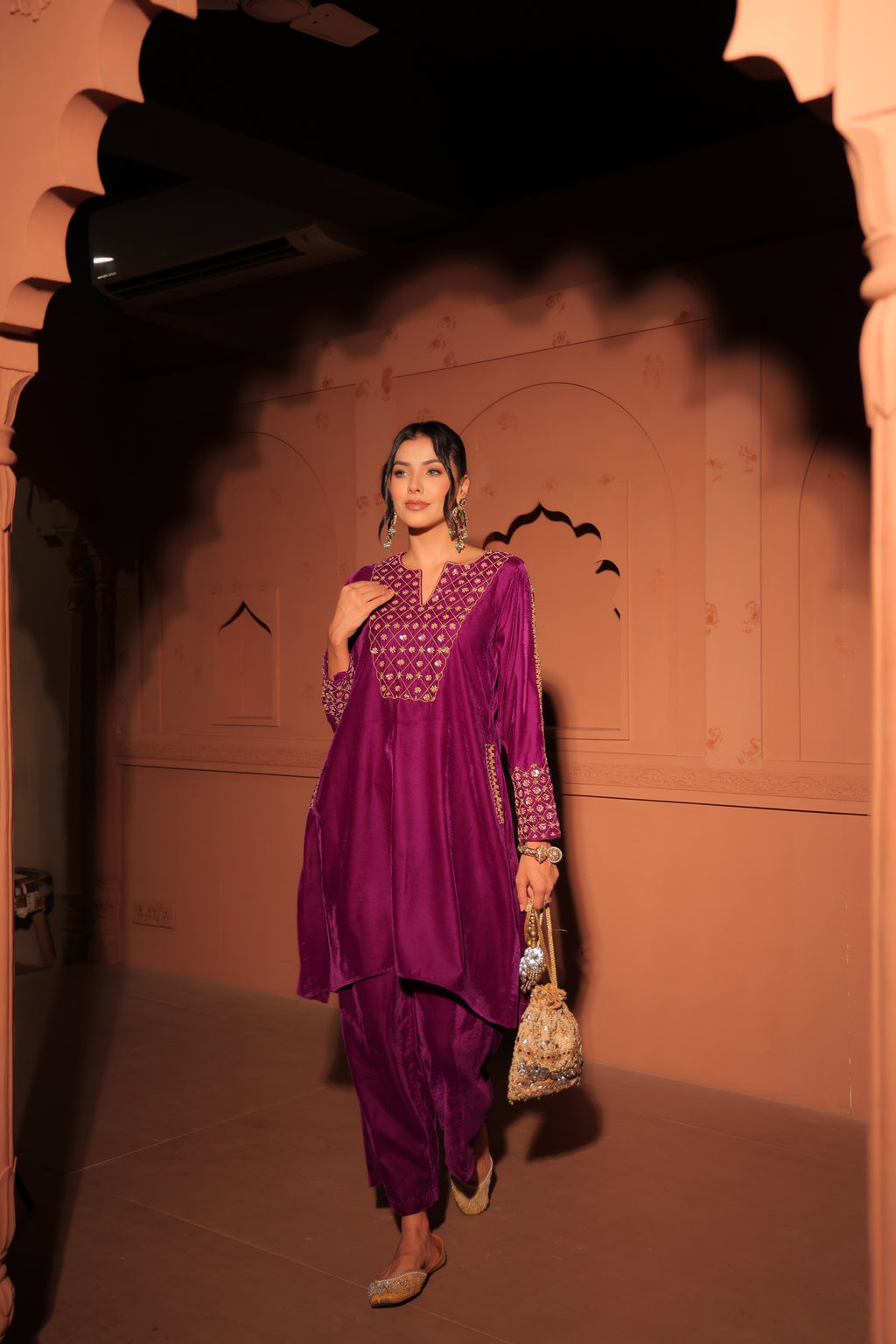 Purple Gold-Toned Embroidered Velvet Kurta Set