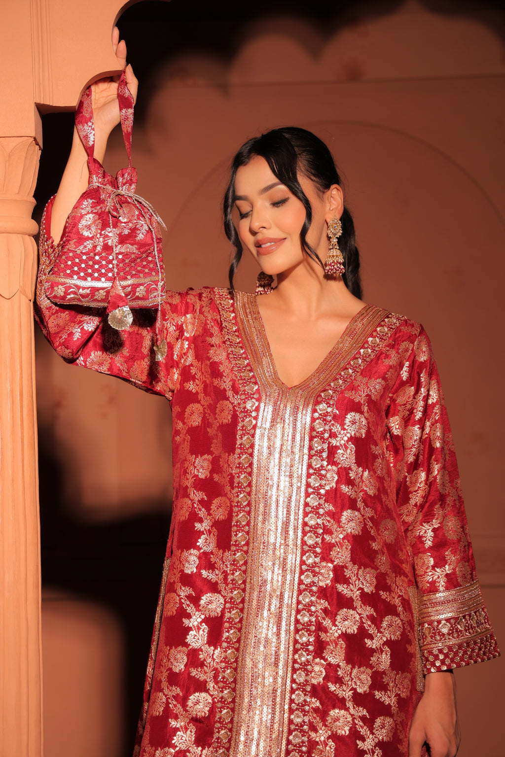 Ruby Red Brocade Co-ord Set