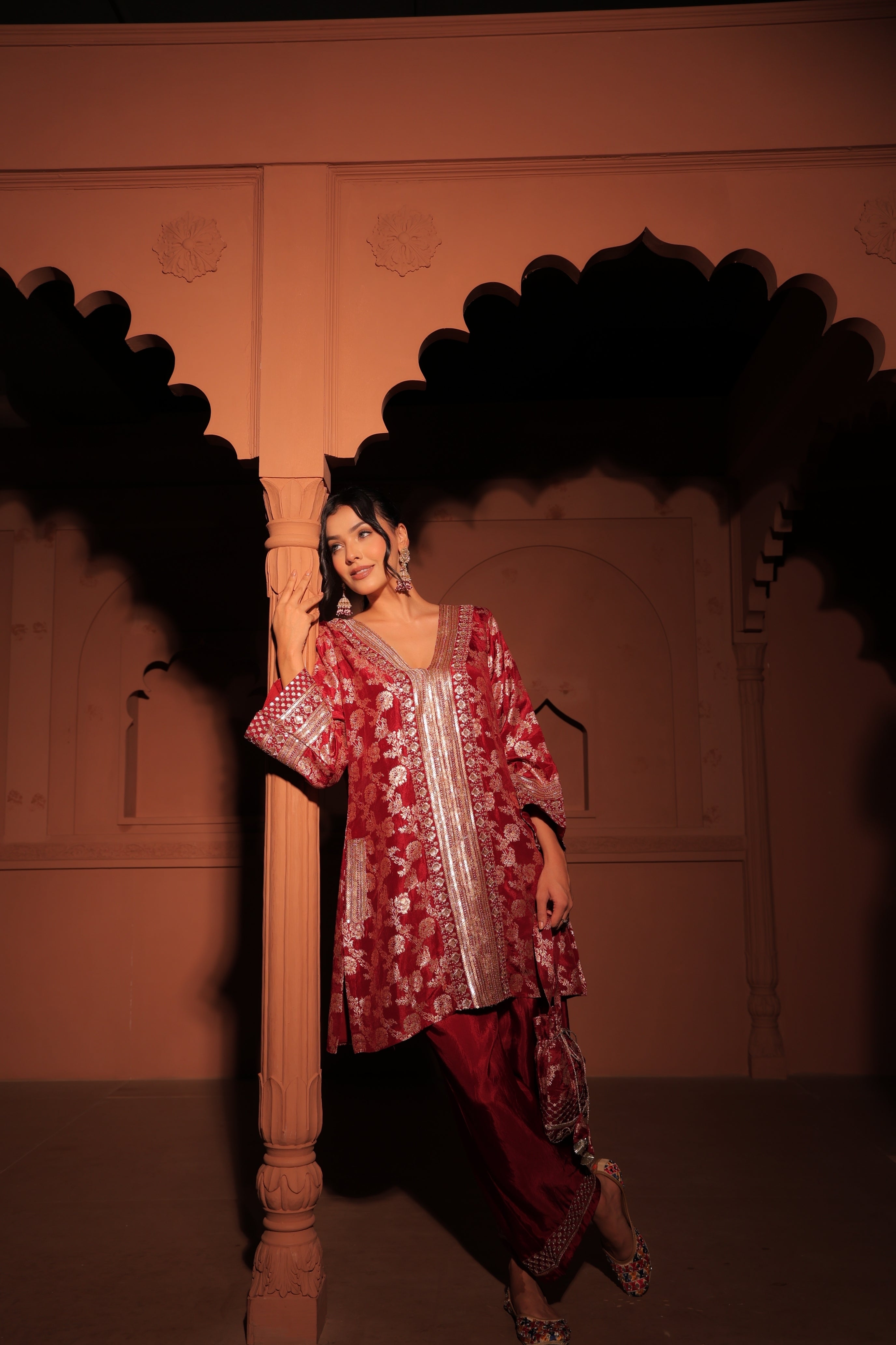 Ruby Red Brocade Co-ord Set