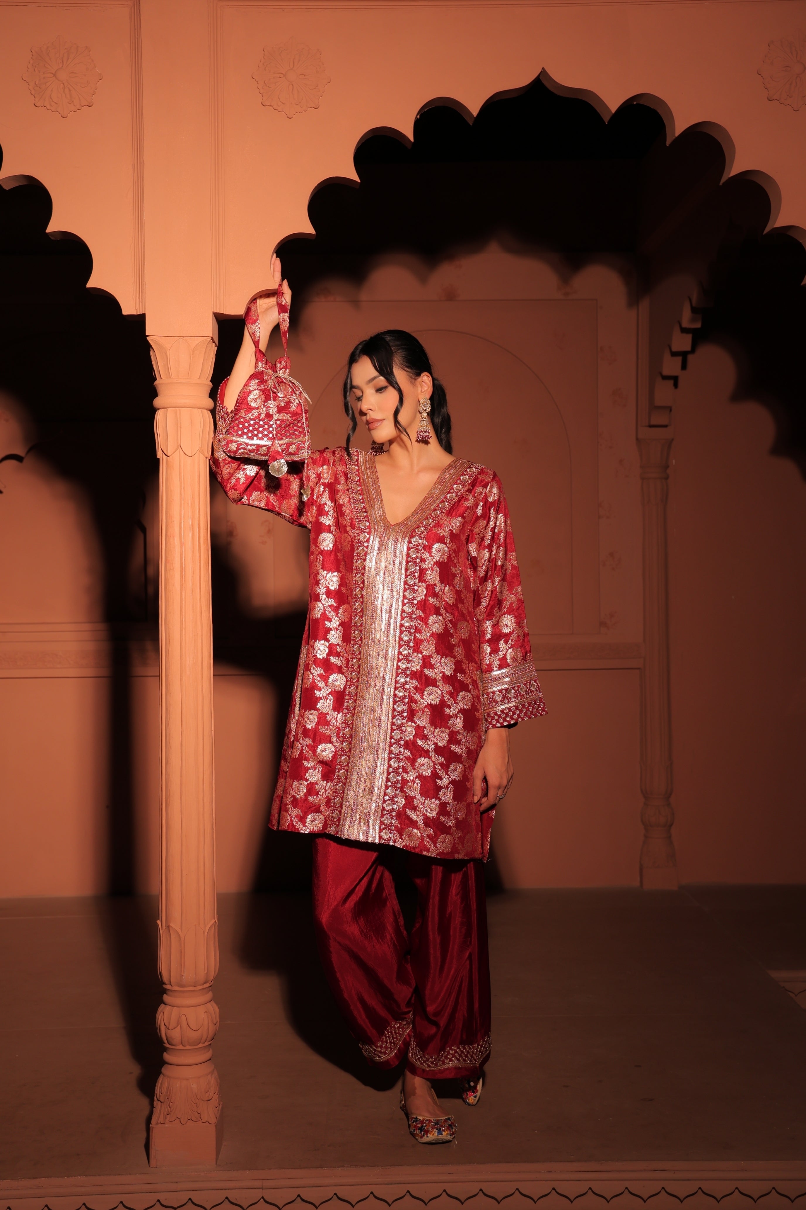 Ruby Red Brocade Co-ord Set