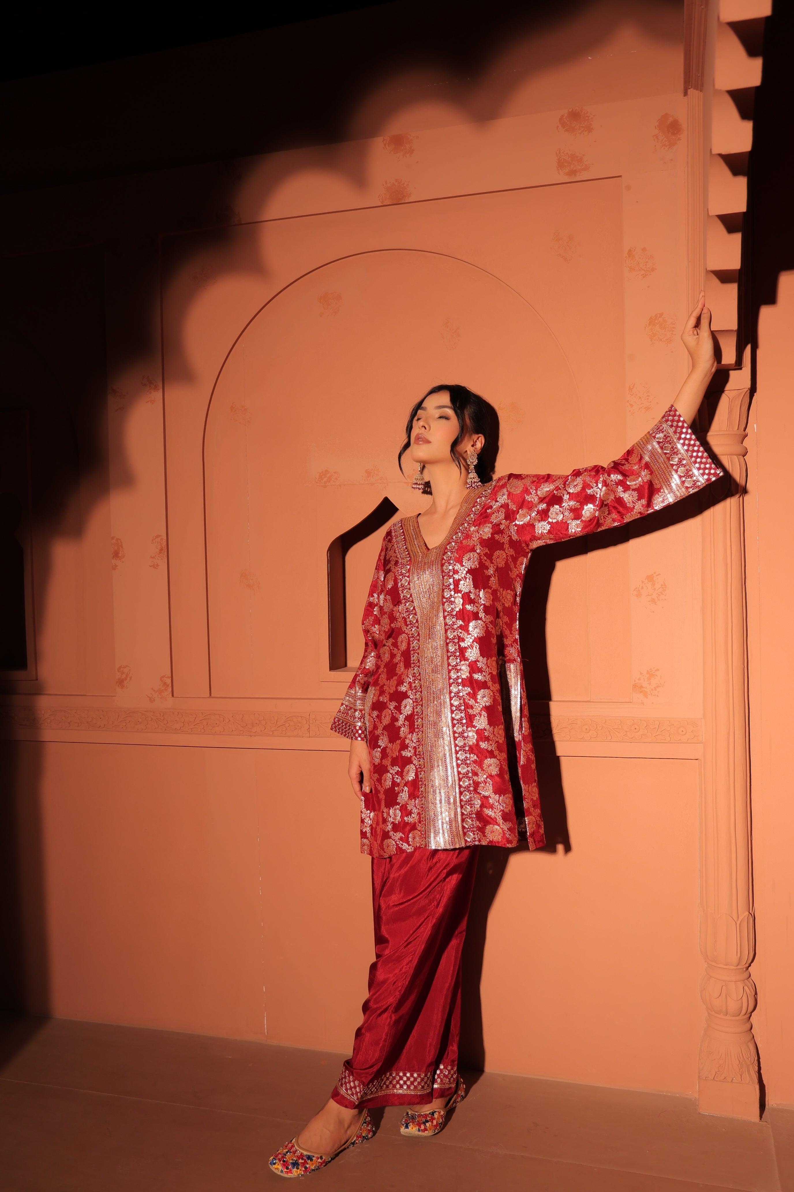 Ruby Red Brocade Co-ord Set