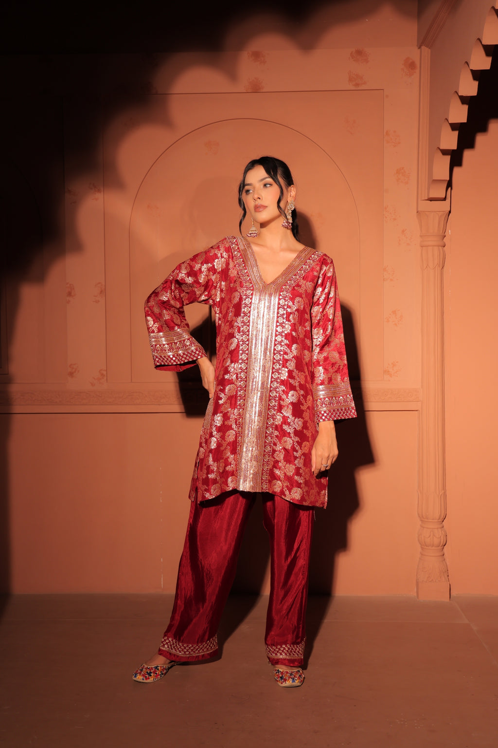 Ruby Red Brocade Co-ord Set