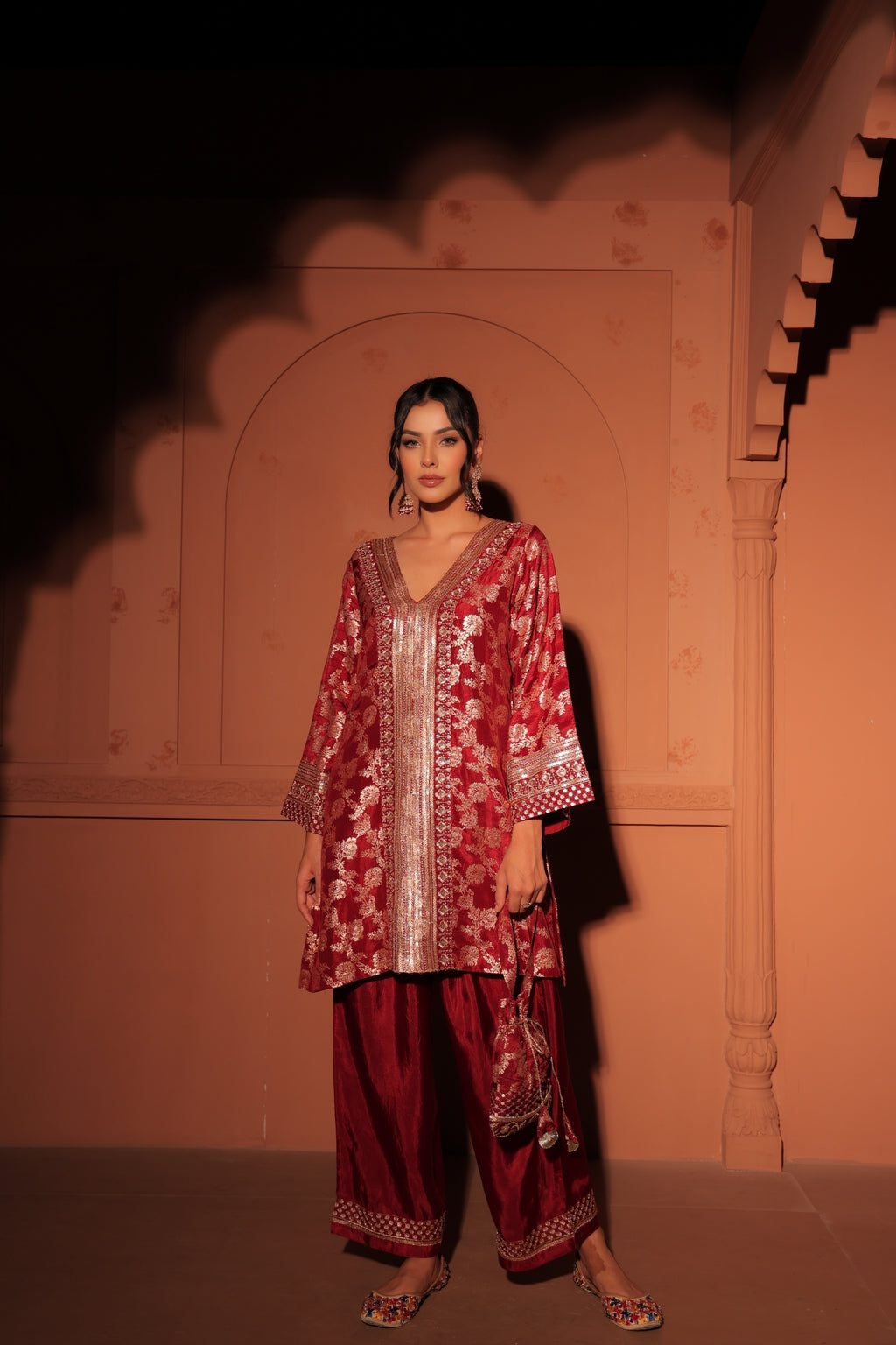 Ruby Red Brocade Co-ord Set