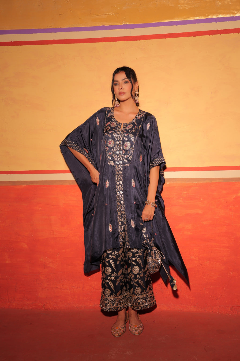 Midnight Black Brocade Kaftan Set