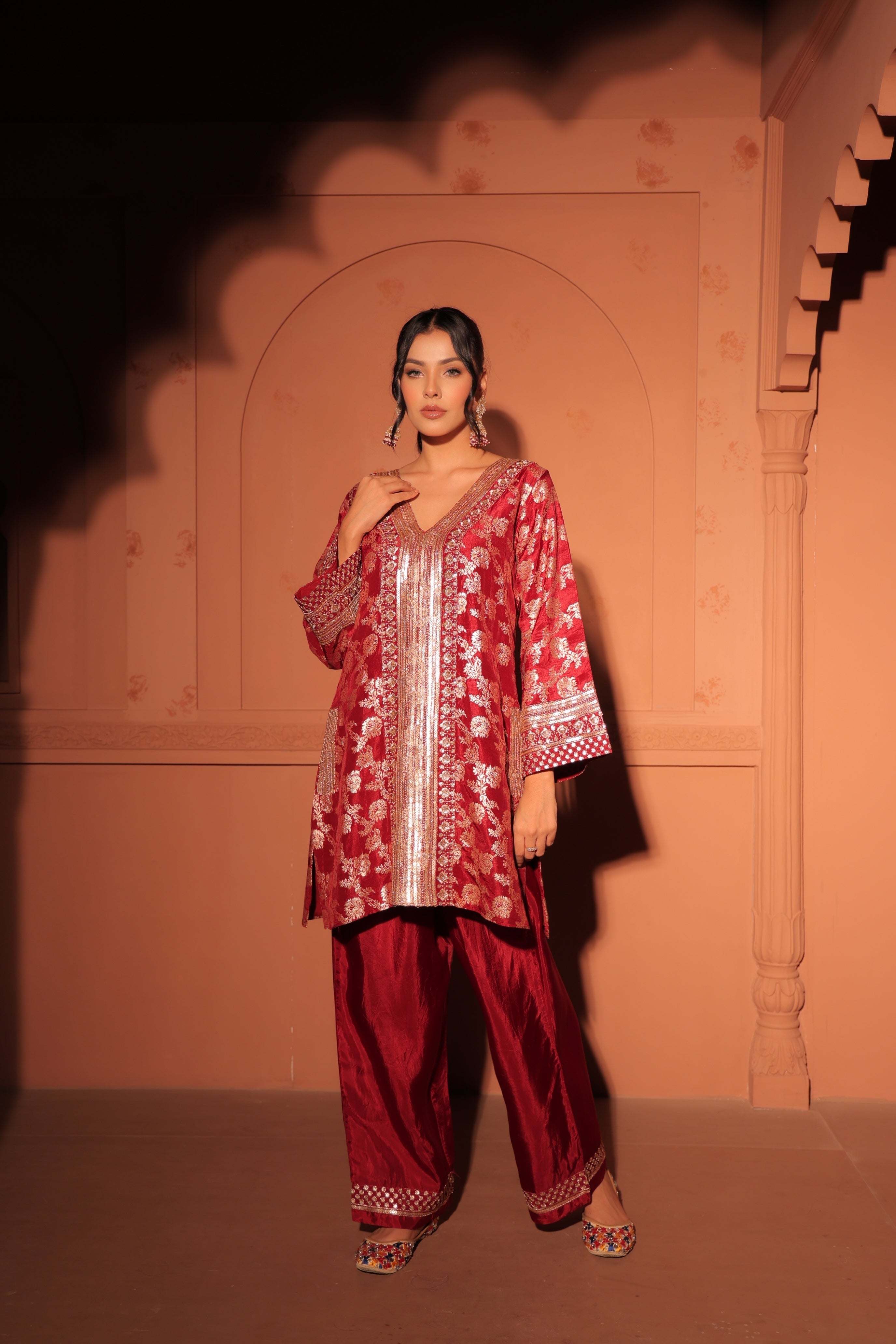 Ruby Red Brocade Co-ord Set