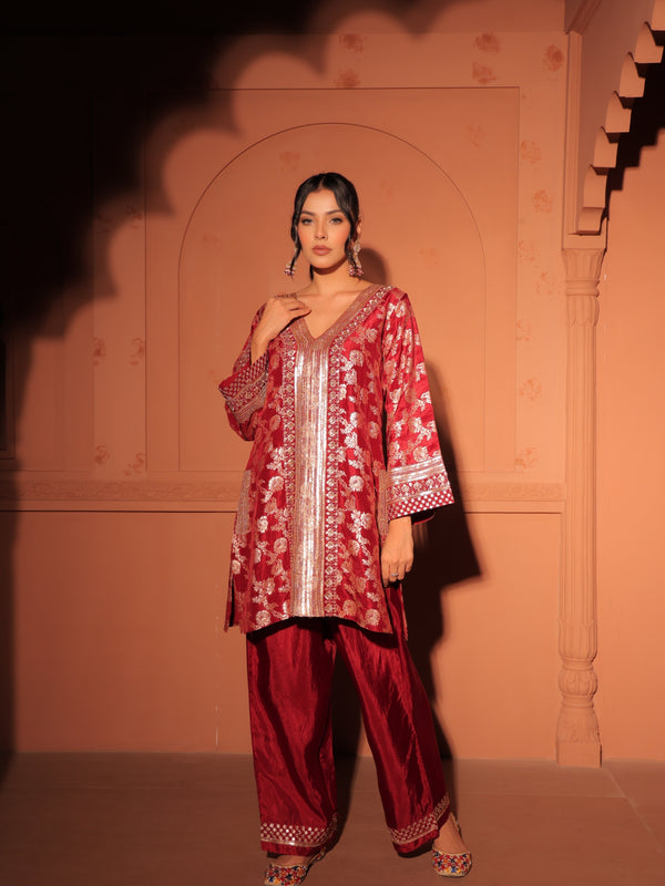 Ruby Red Brocade Co-ord Set