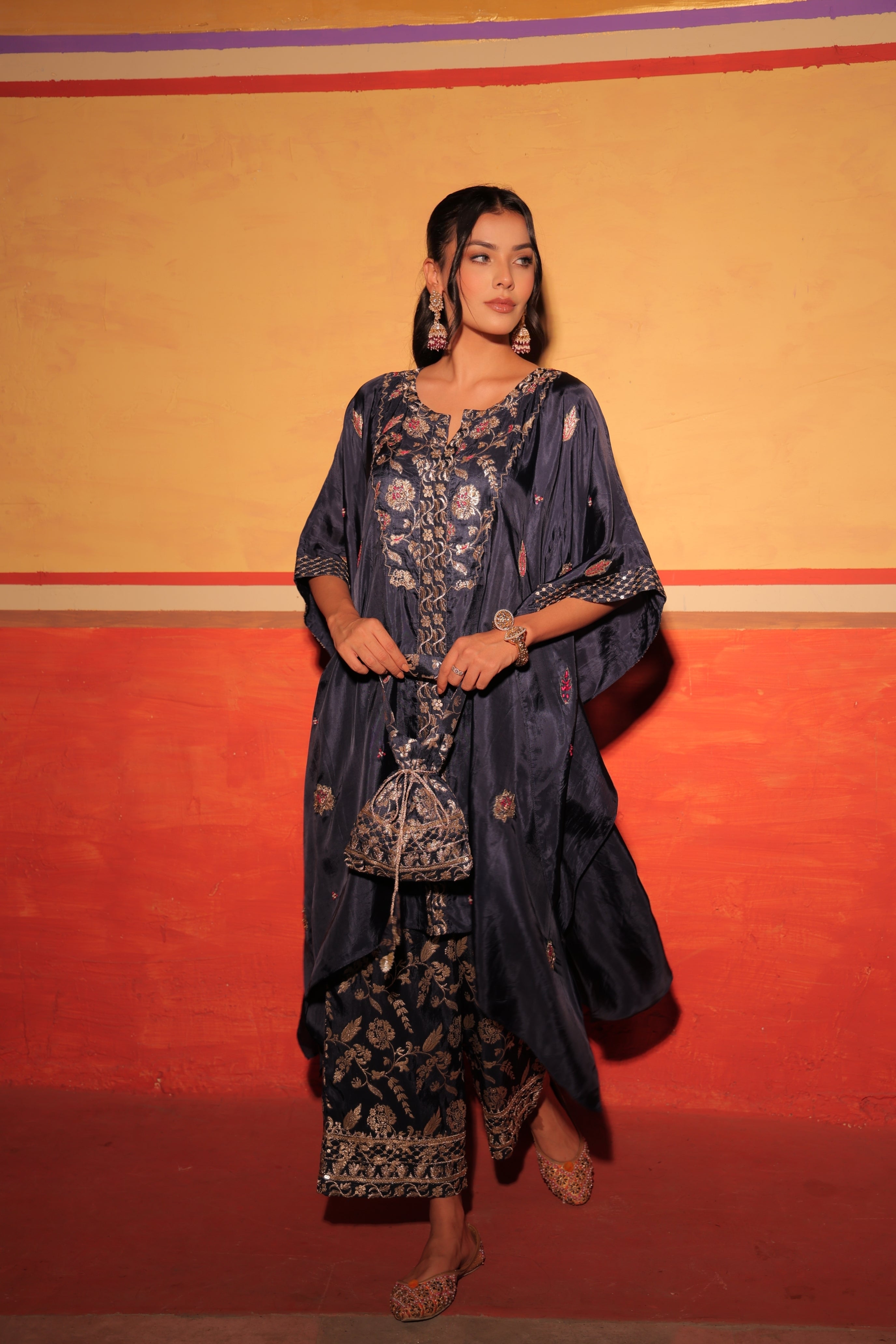 Midnight Black Brocade Kaftan Set