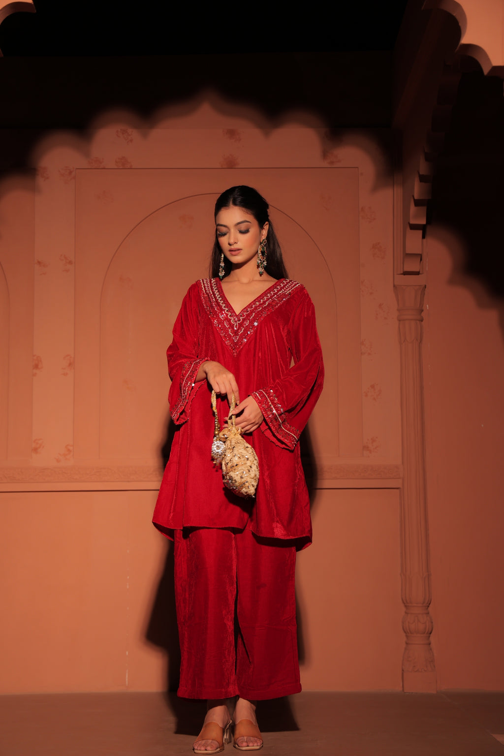 Red Sequined Velvet Kurta Set