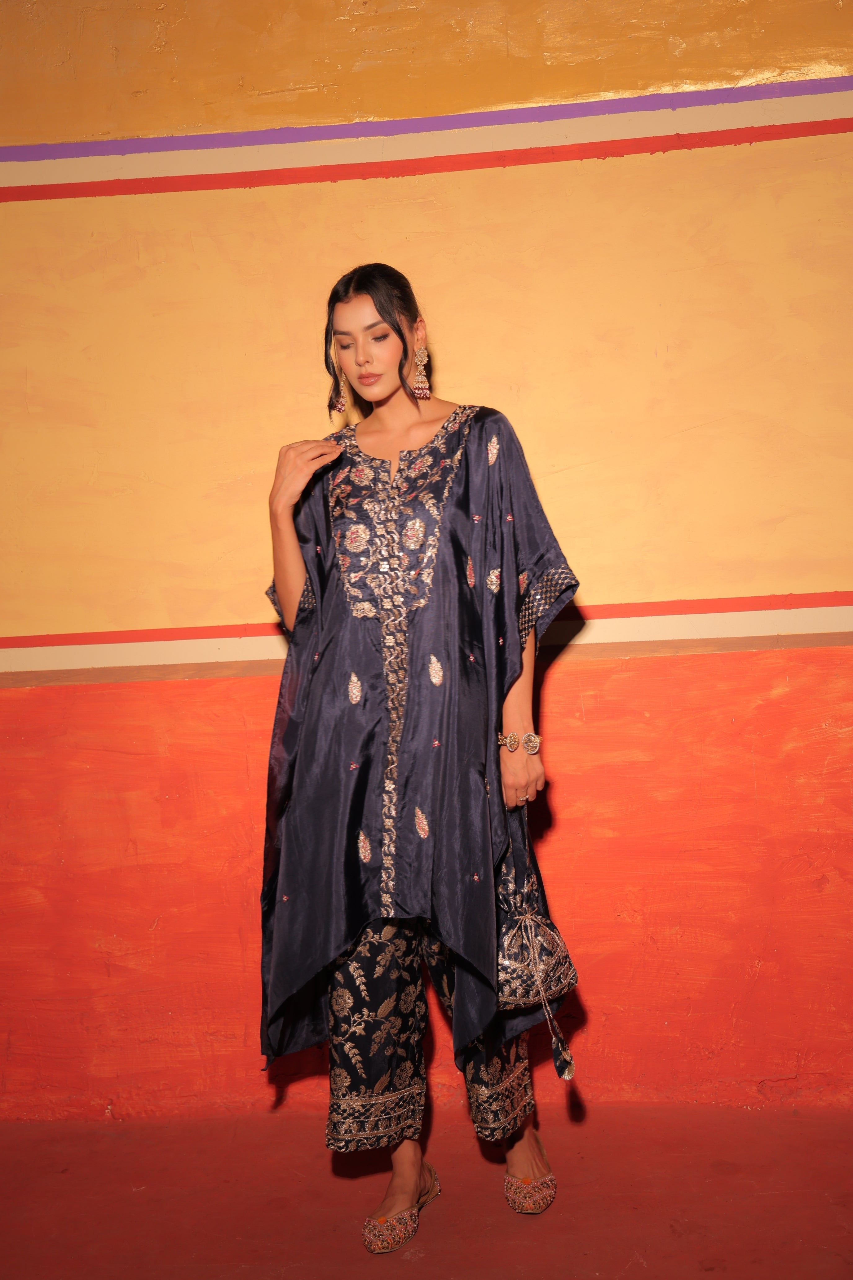 Midnight Black Brocade Kaftan Set