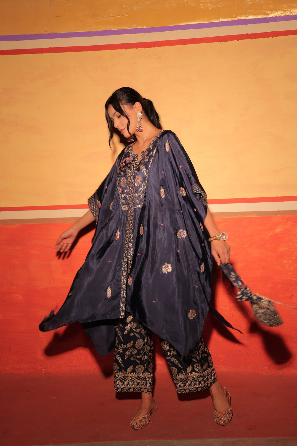 Midnight Black Brocade Kaftan Set
