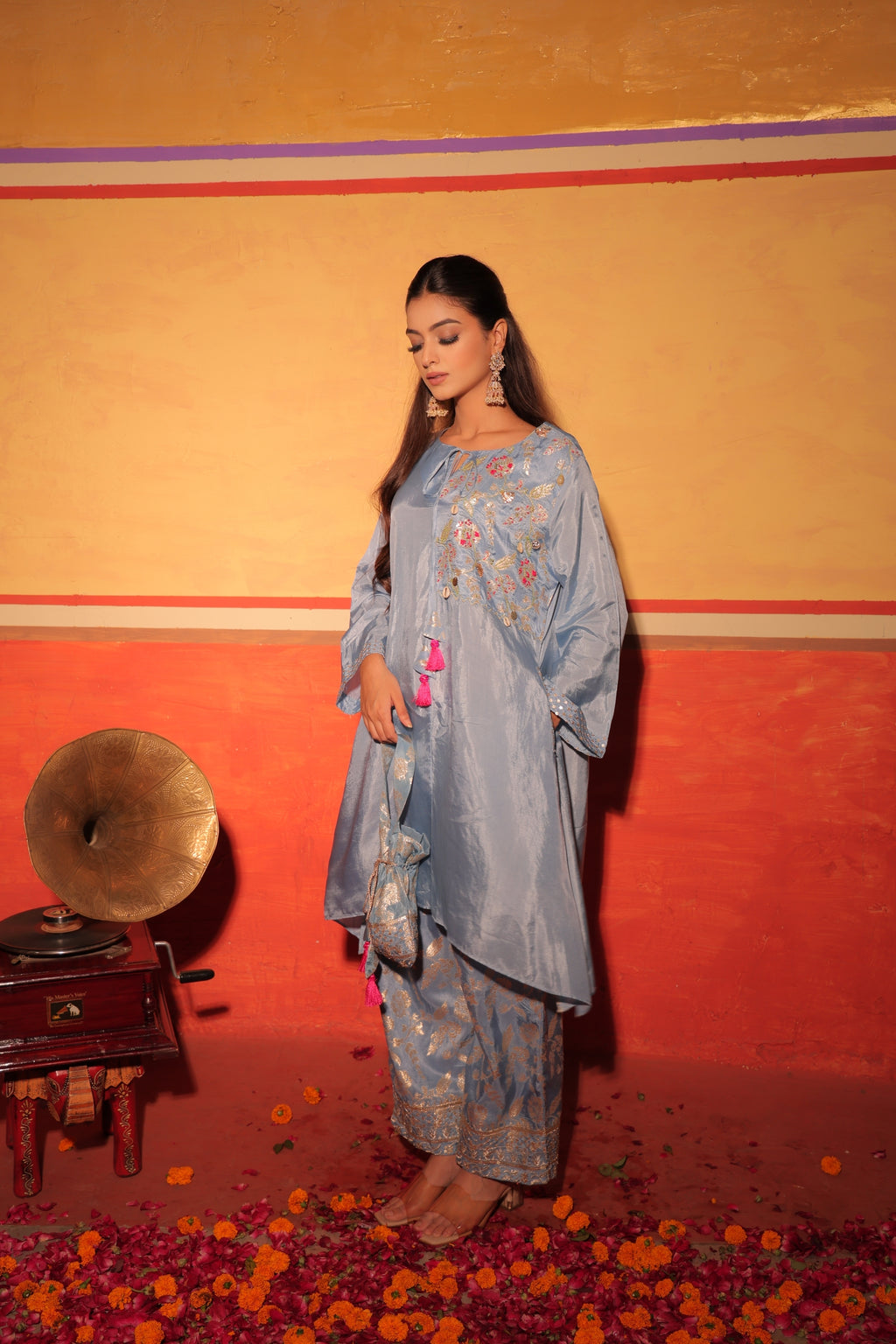 Powder Blue Brocade Kaftan Set