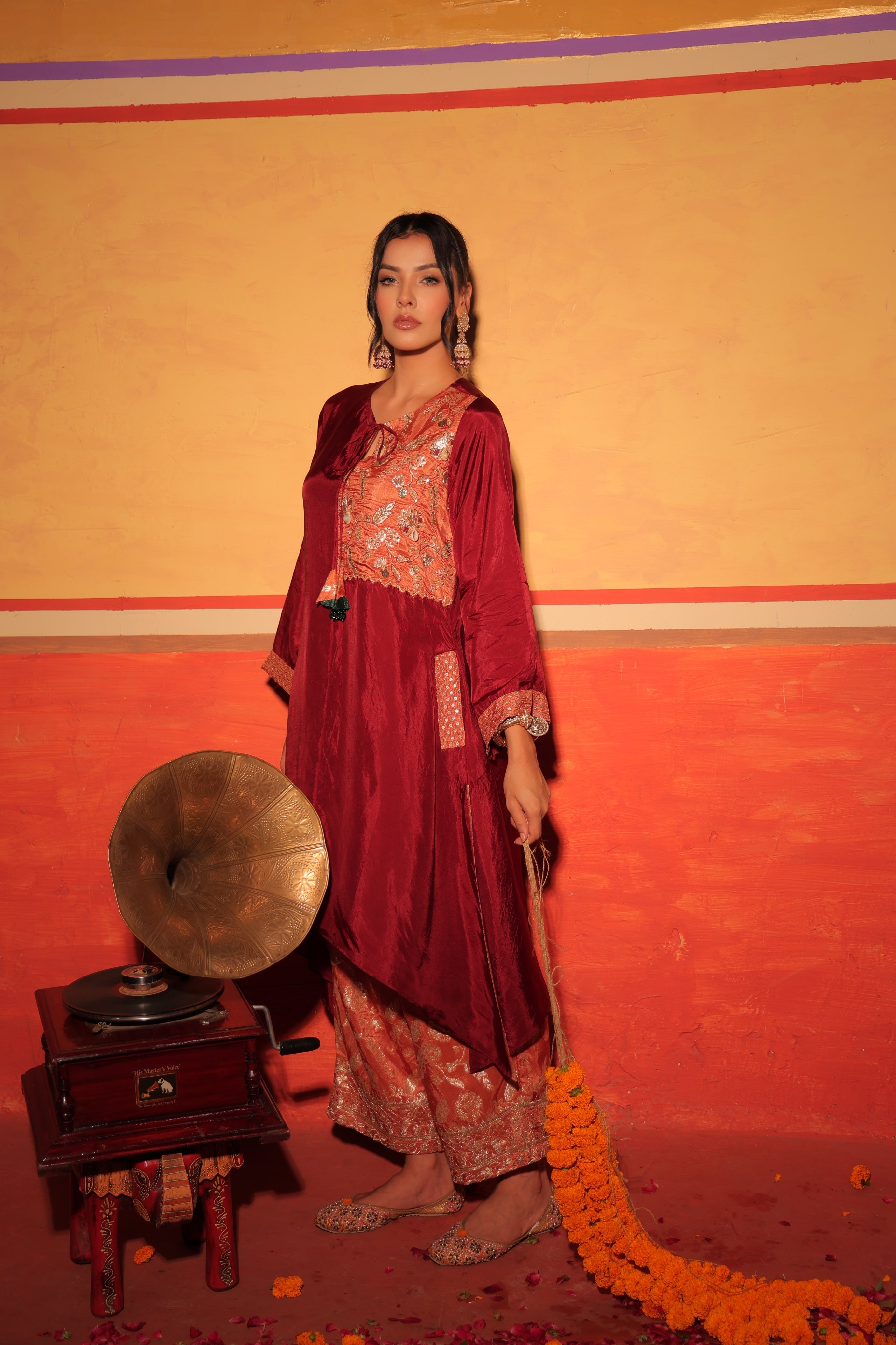 Wine Rust Brocade Kaftan Set