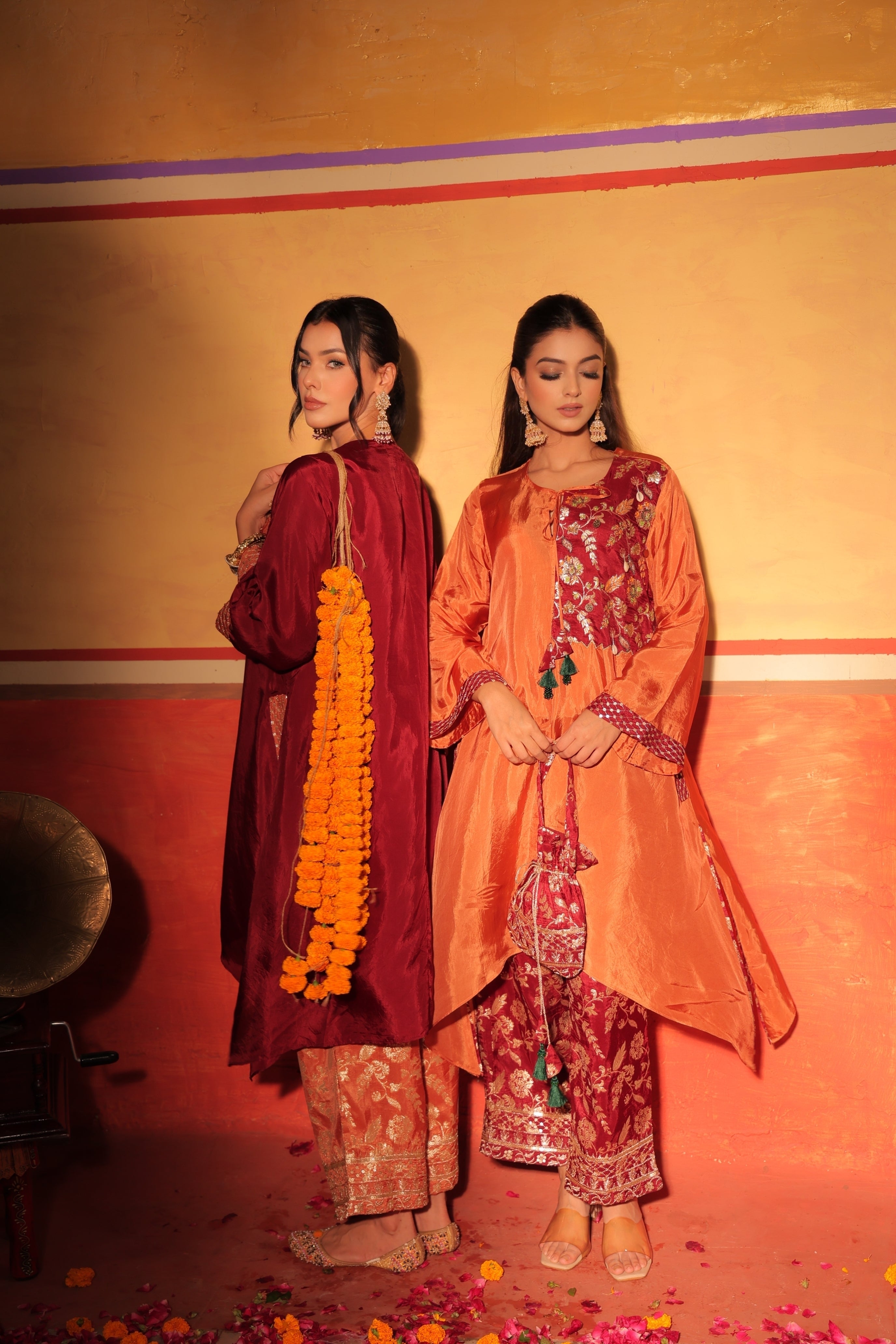 Rust Orange Brocade Kaftan Set