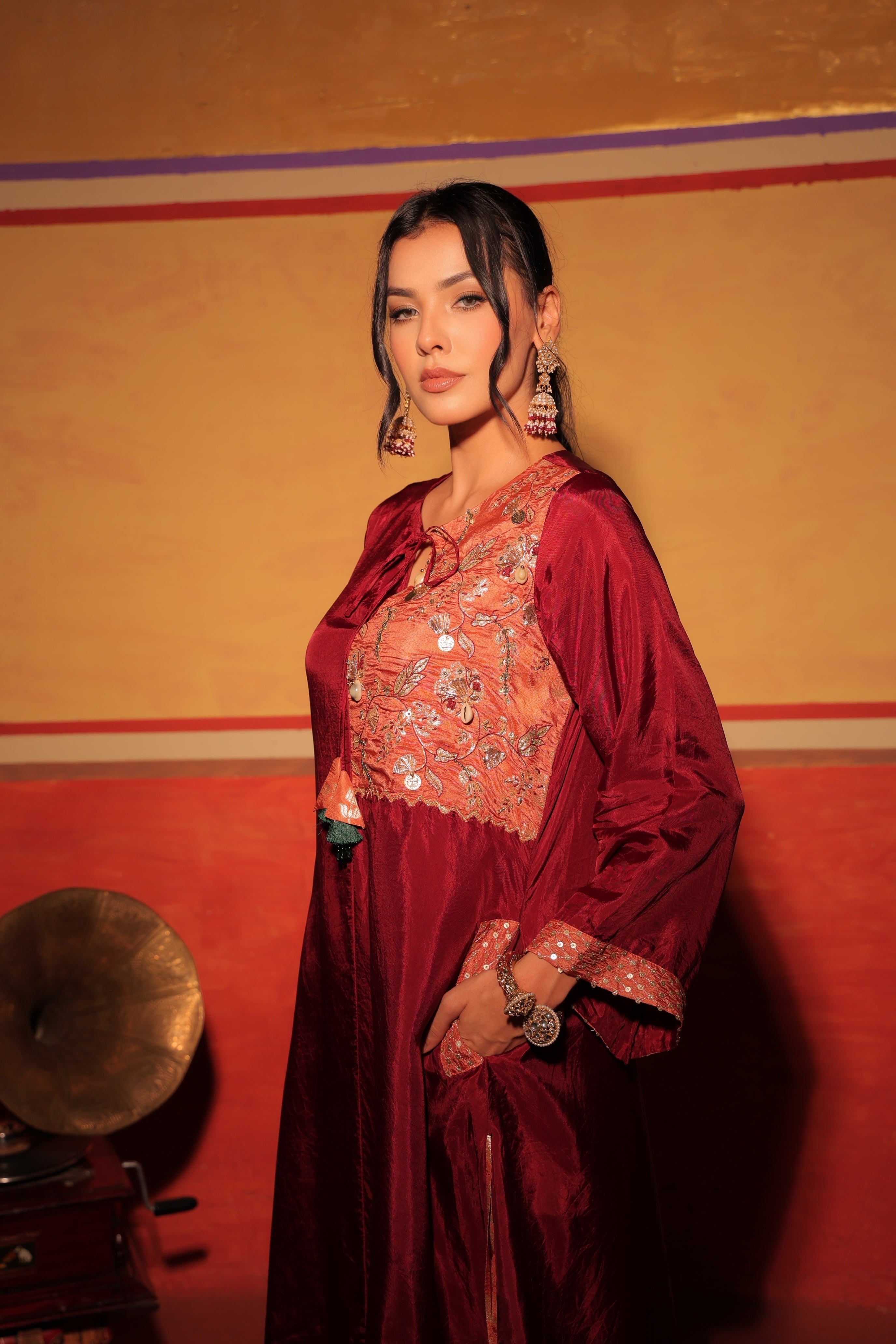 Wine Rust Brocade Kaftan Set