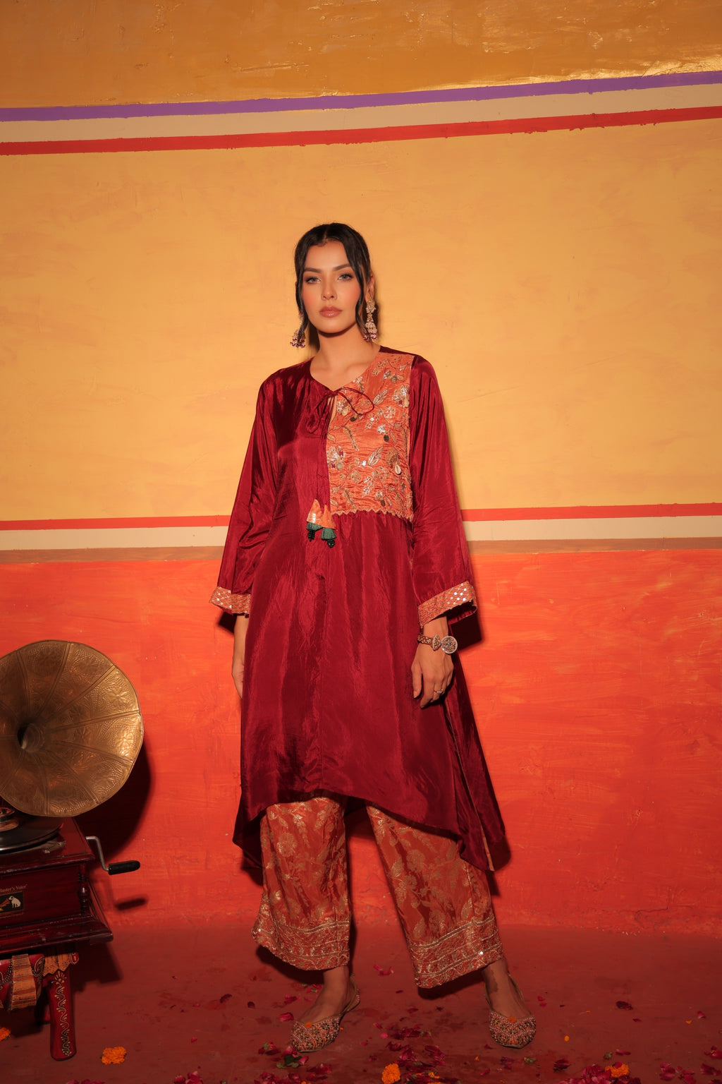 Wine Rust Brocade Kaftan Set