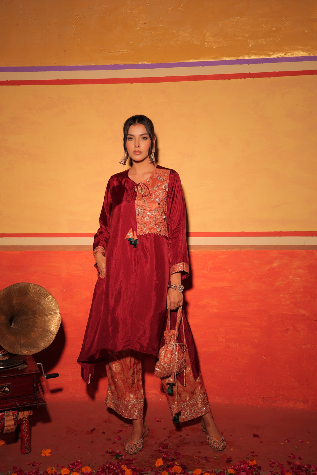 Wine Rust Brocade Kaftan Set
