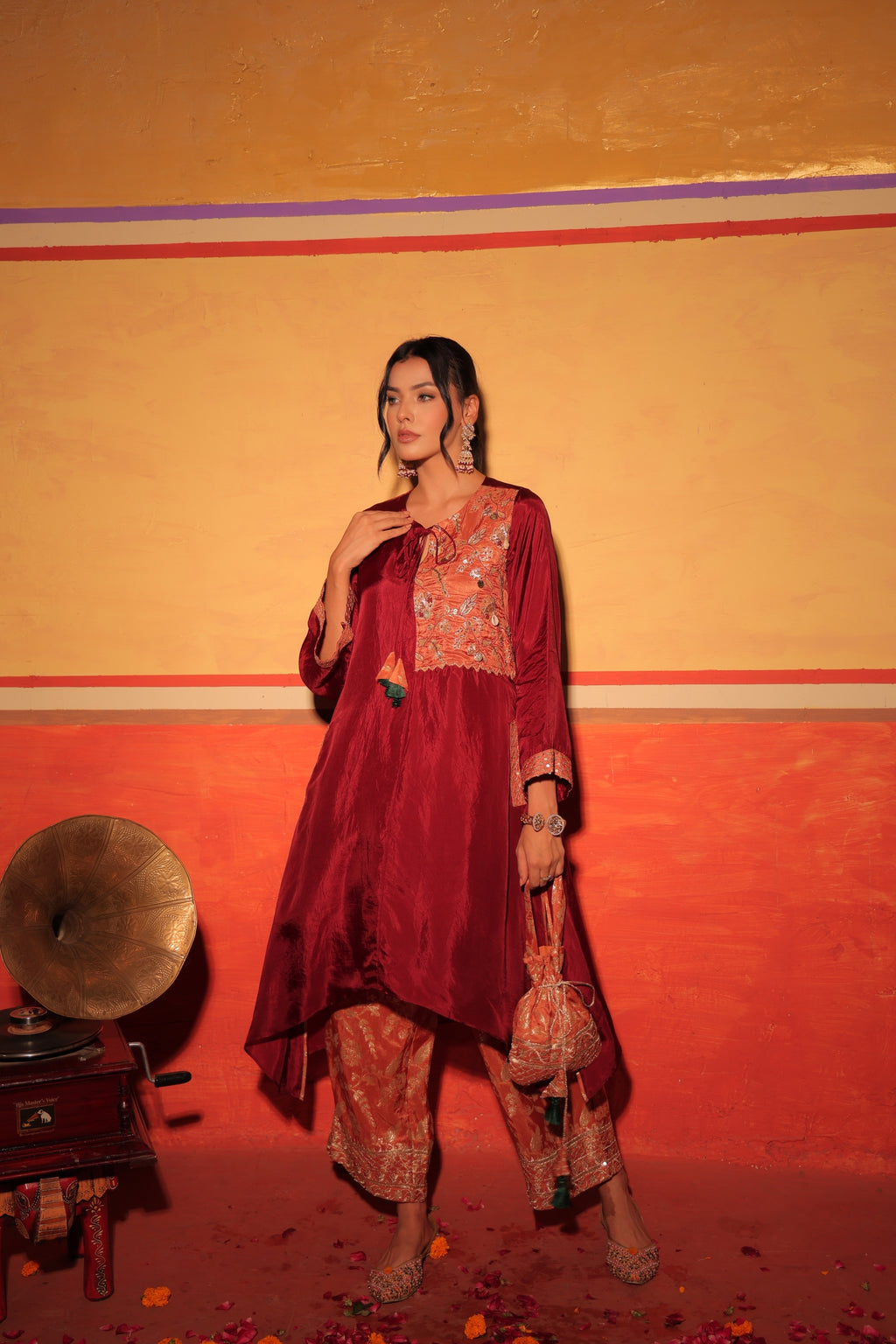 Wine Rust Brocade Kaftan Set
