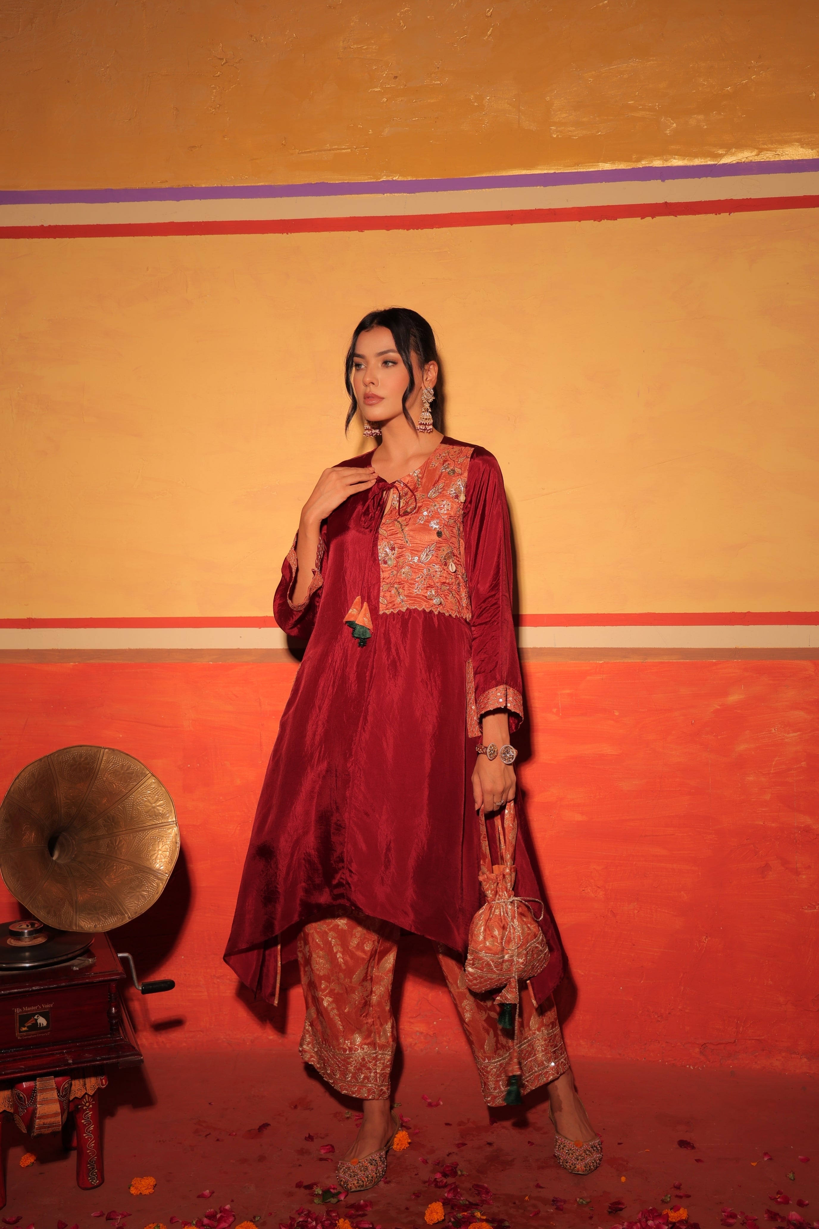 Wine Rust Brocade Kaftan Set