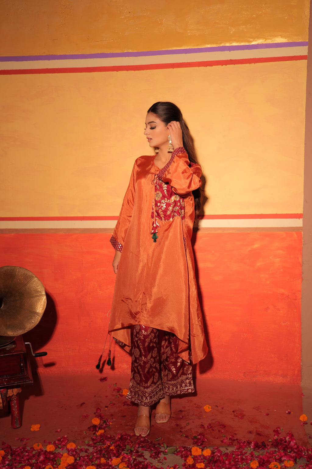 Rust Orange Brocade Kaftan Set