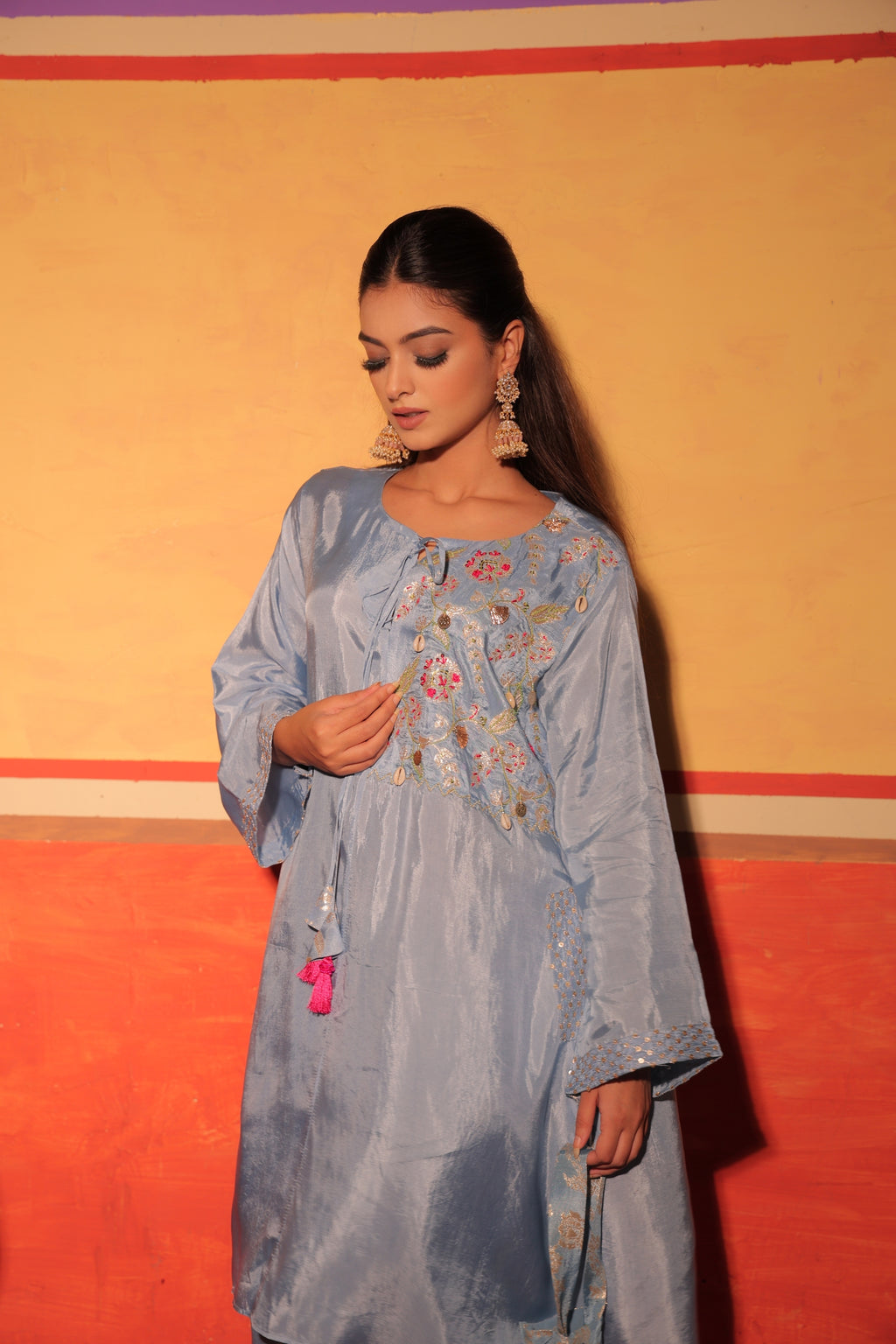 Powder Blue Brocade Kaftan Set