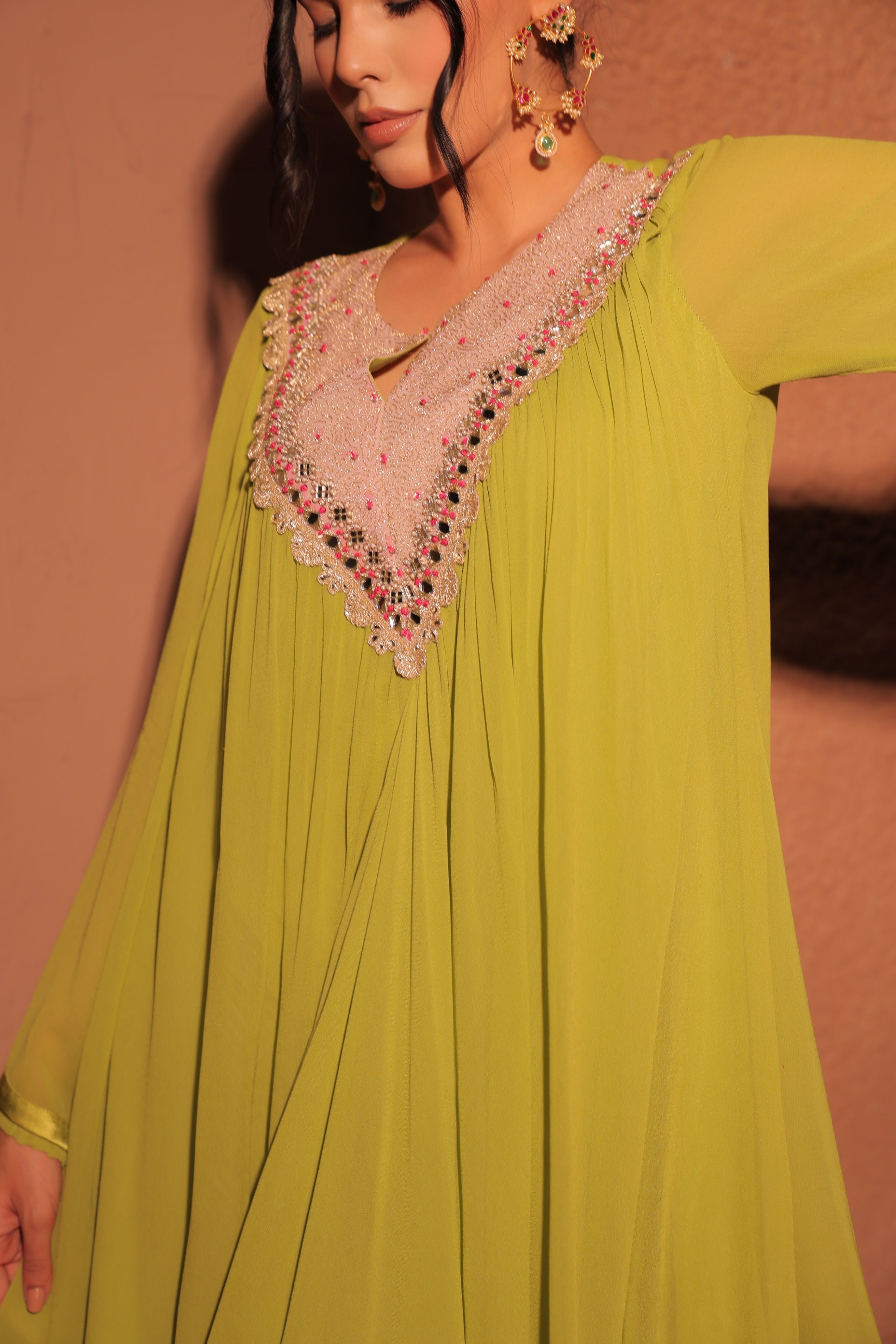 Lime Green Embroidered Kaftan Set