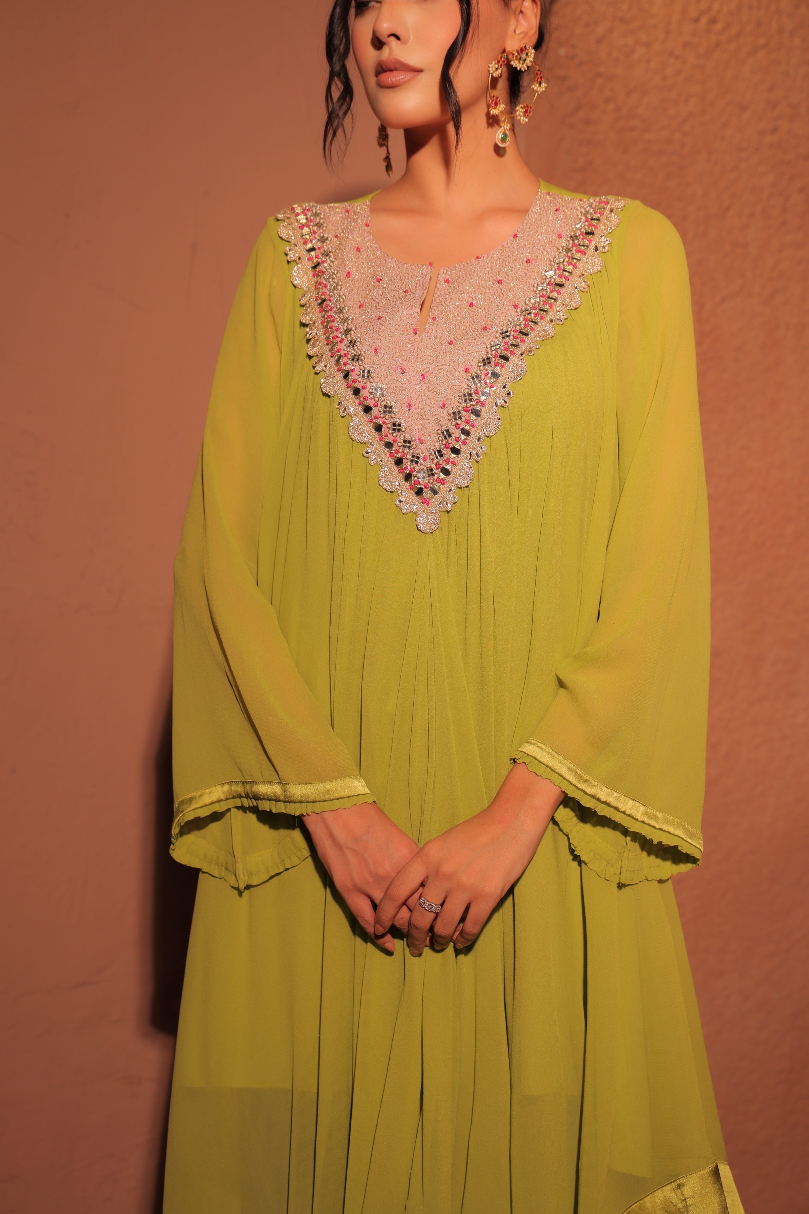 Lime Green Embroidered Kaftan Set