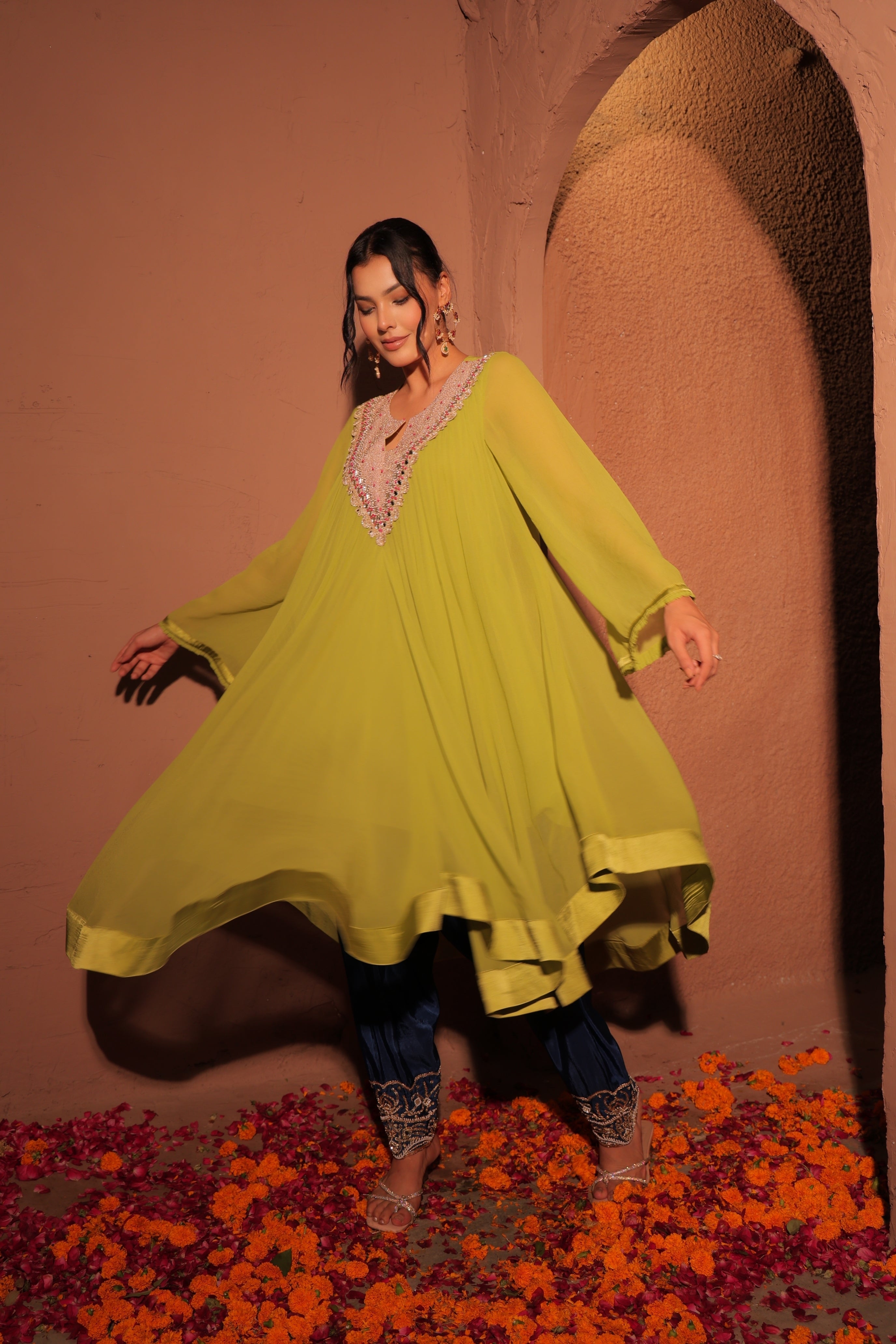 Lime Green Embroidered Kaftan Set