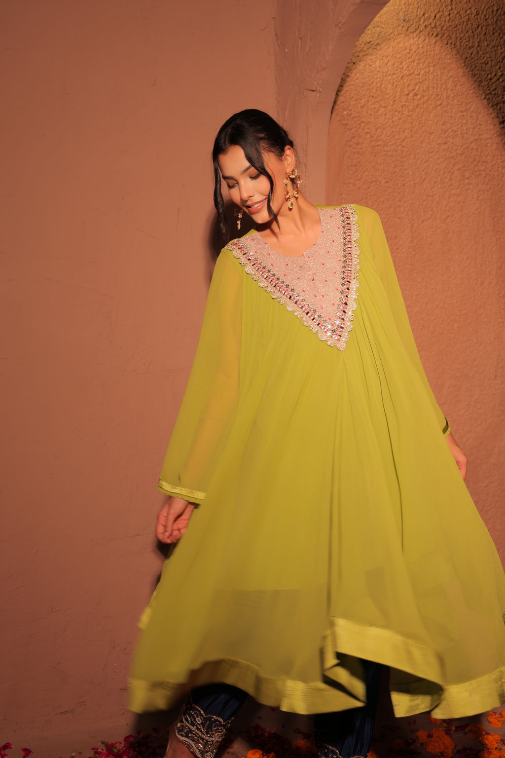 Lime Green Embroidered Kaftan Set
