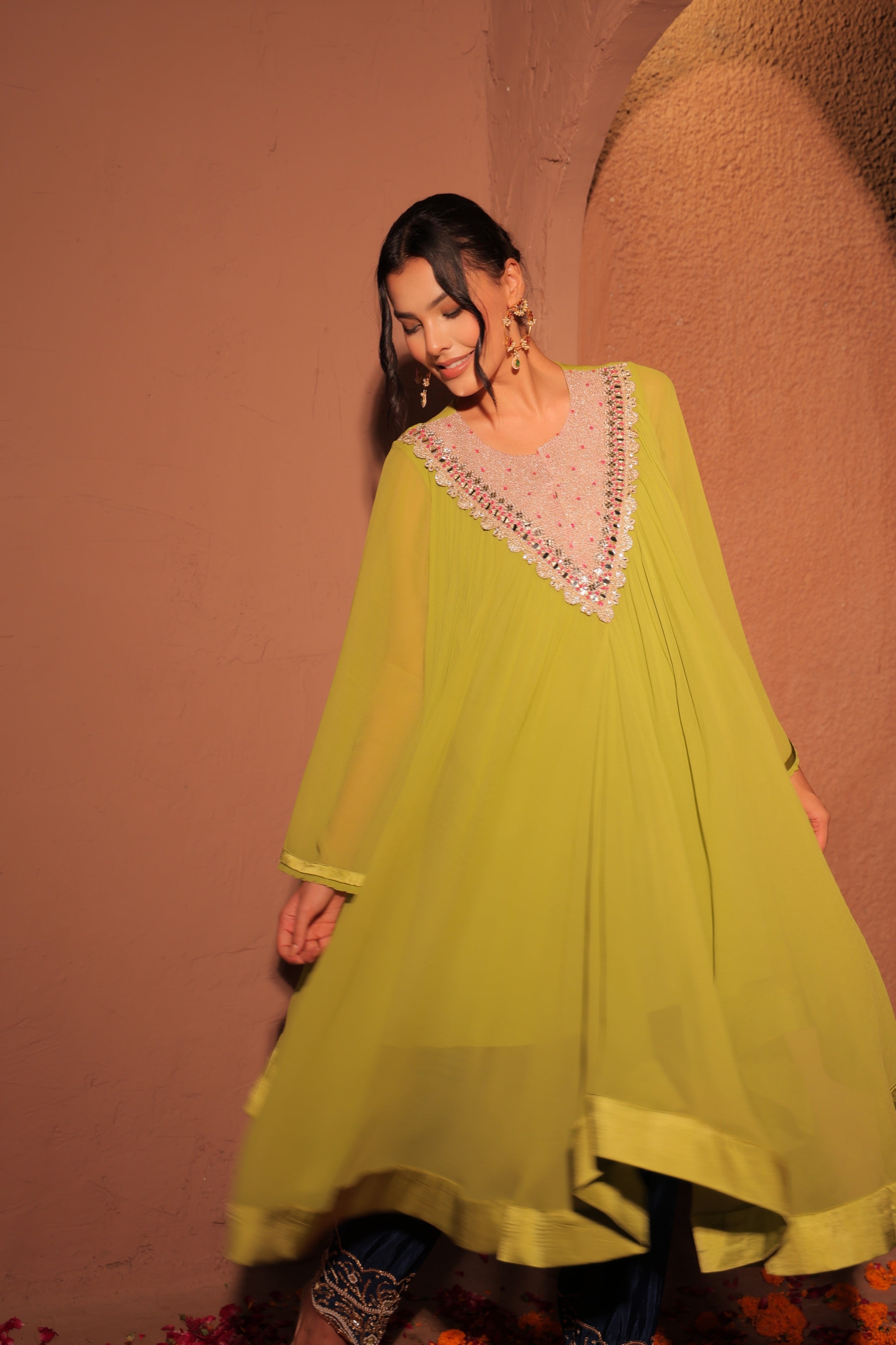 Lime Green Embroidered Kaftan Set
