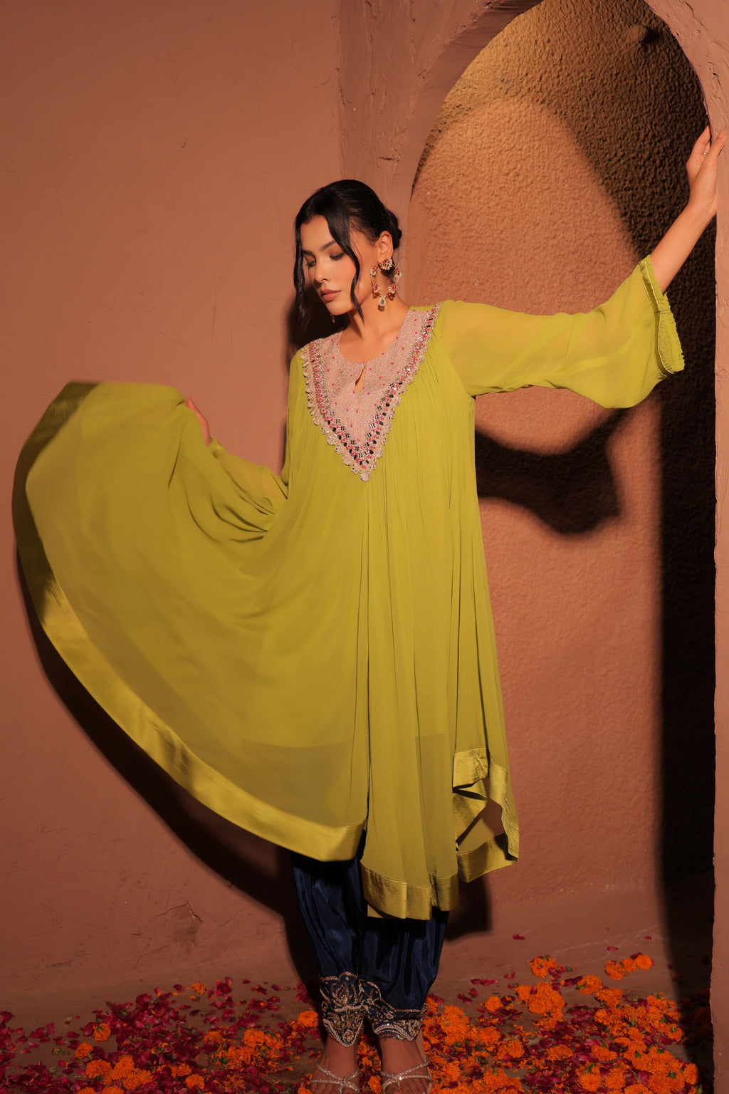 Lime Green Embroidered Kaftan Set