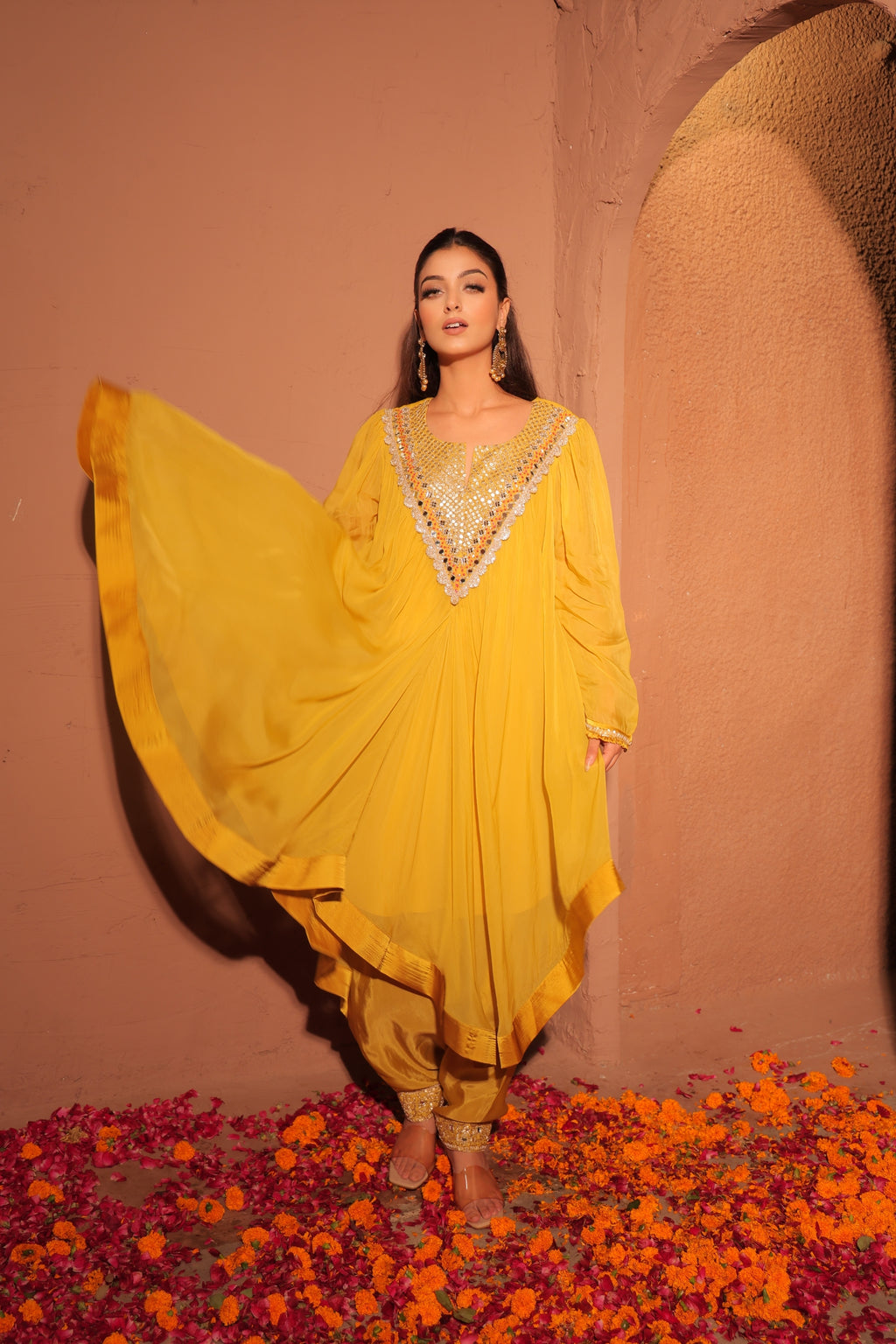 Mustard Yellow Embellished Kaftan Set