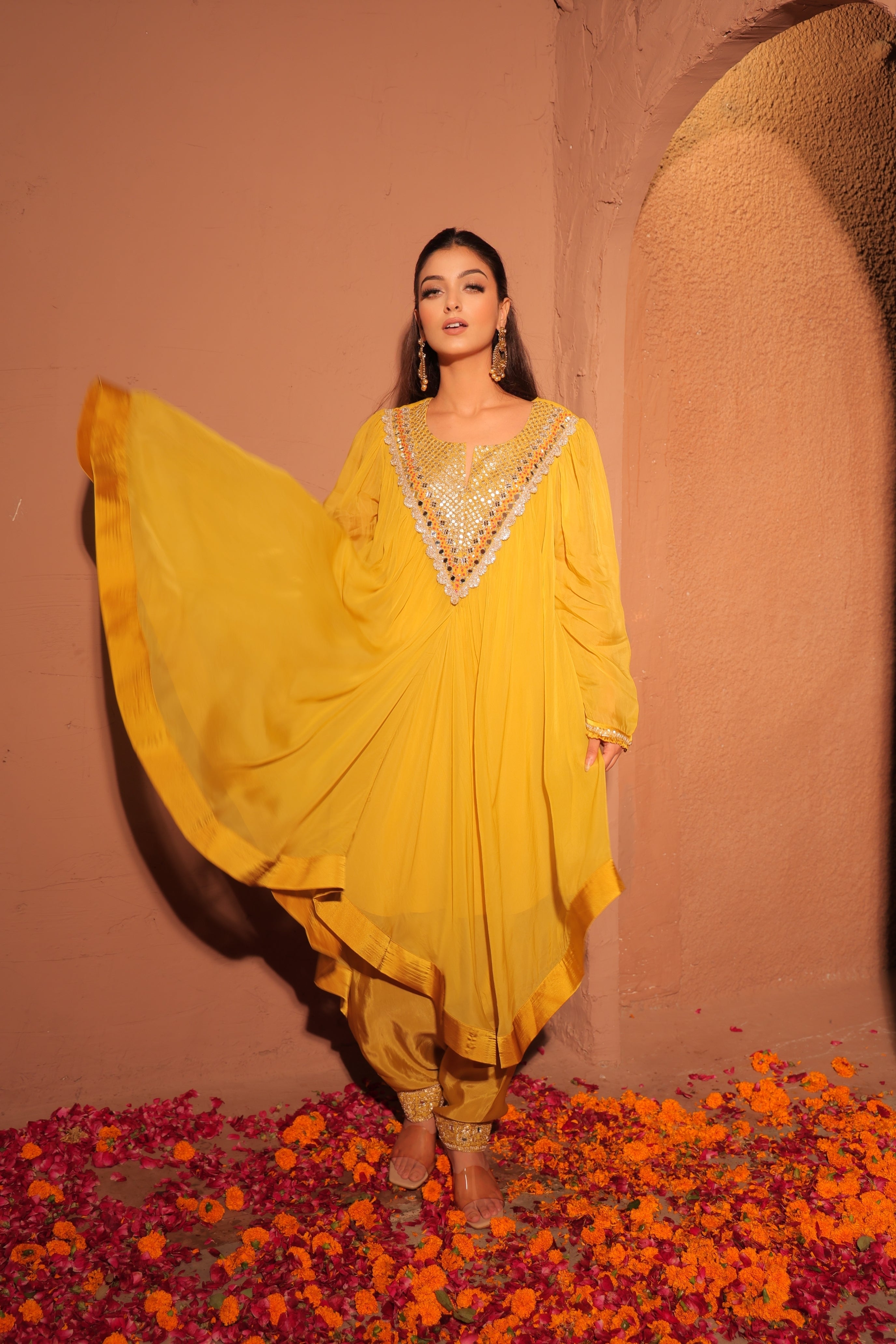 Mustard Yellow Embellished Kaftan Set