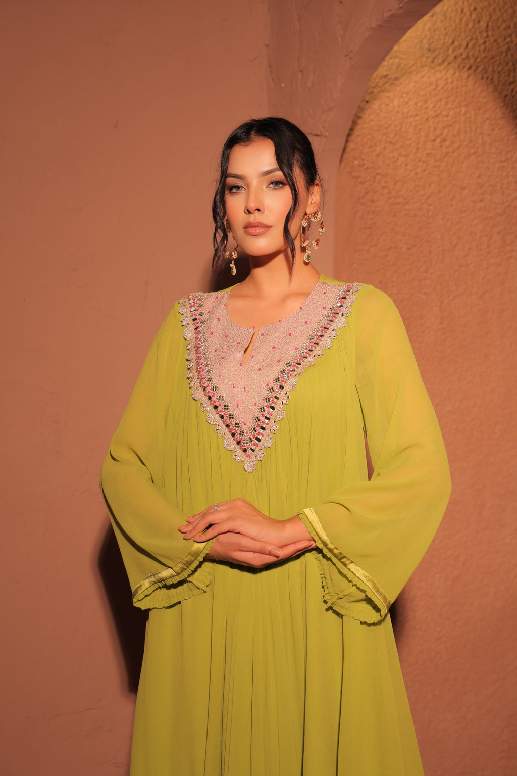 Lime Green Embroidered Kaftan Set