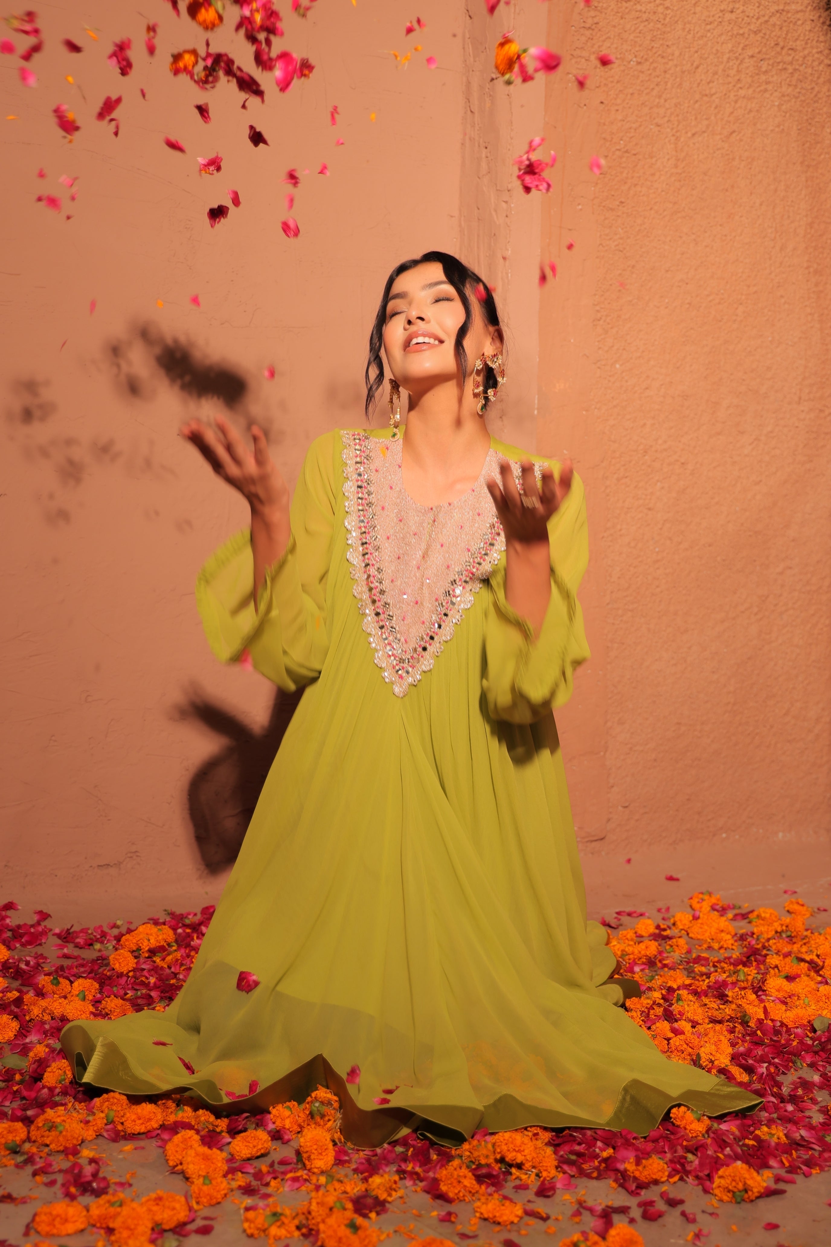 Lime Green Embroidered Kaftan Set